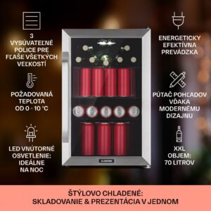 Klarstein Beersafe 70 Birra Edition, chladnička, 70 litrov, 3 police, sklenené dvere, nehrdzavejúca oceľ