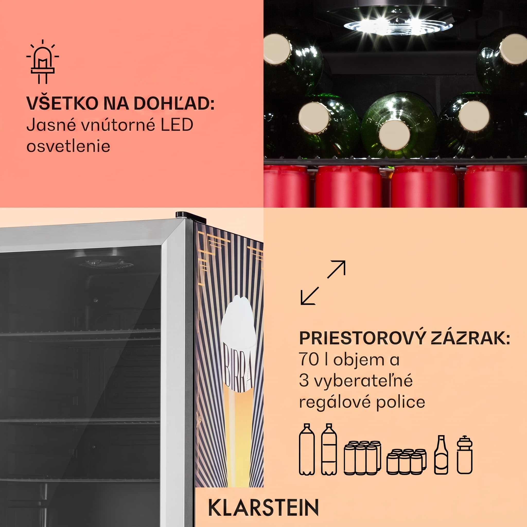 Klarstein Beersafe 70 Birra Edition, chladnička, 70 litrov, 3 police, sklenené dvere, nehrdzavejúca oceľ – Obrázok 4