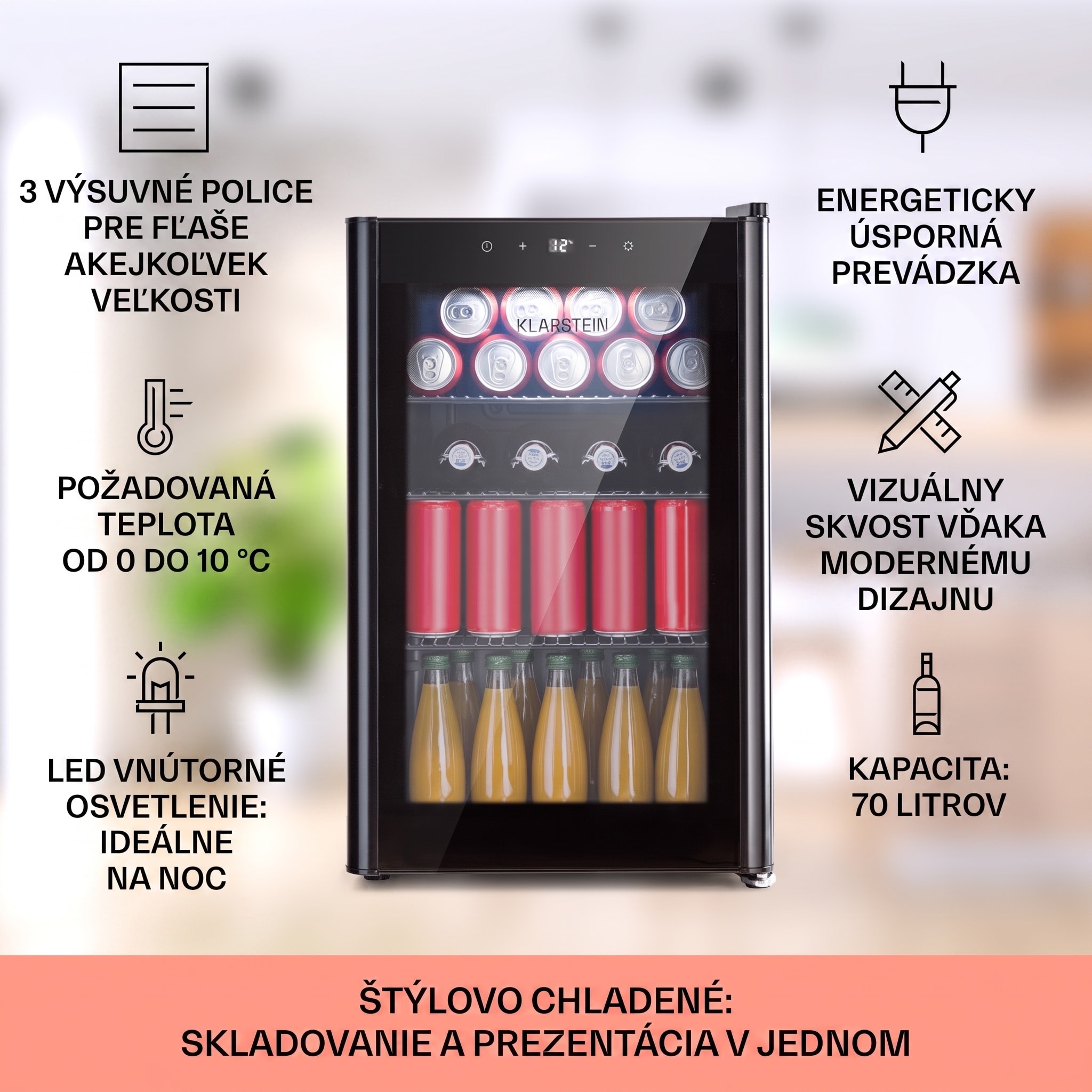 Klarstein Beercave 70, chladnička, 70 l, 3 police, trojito izolované sklenené dvere, dotyková