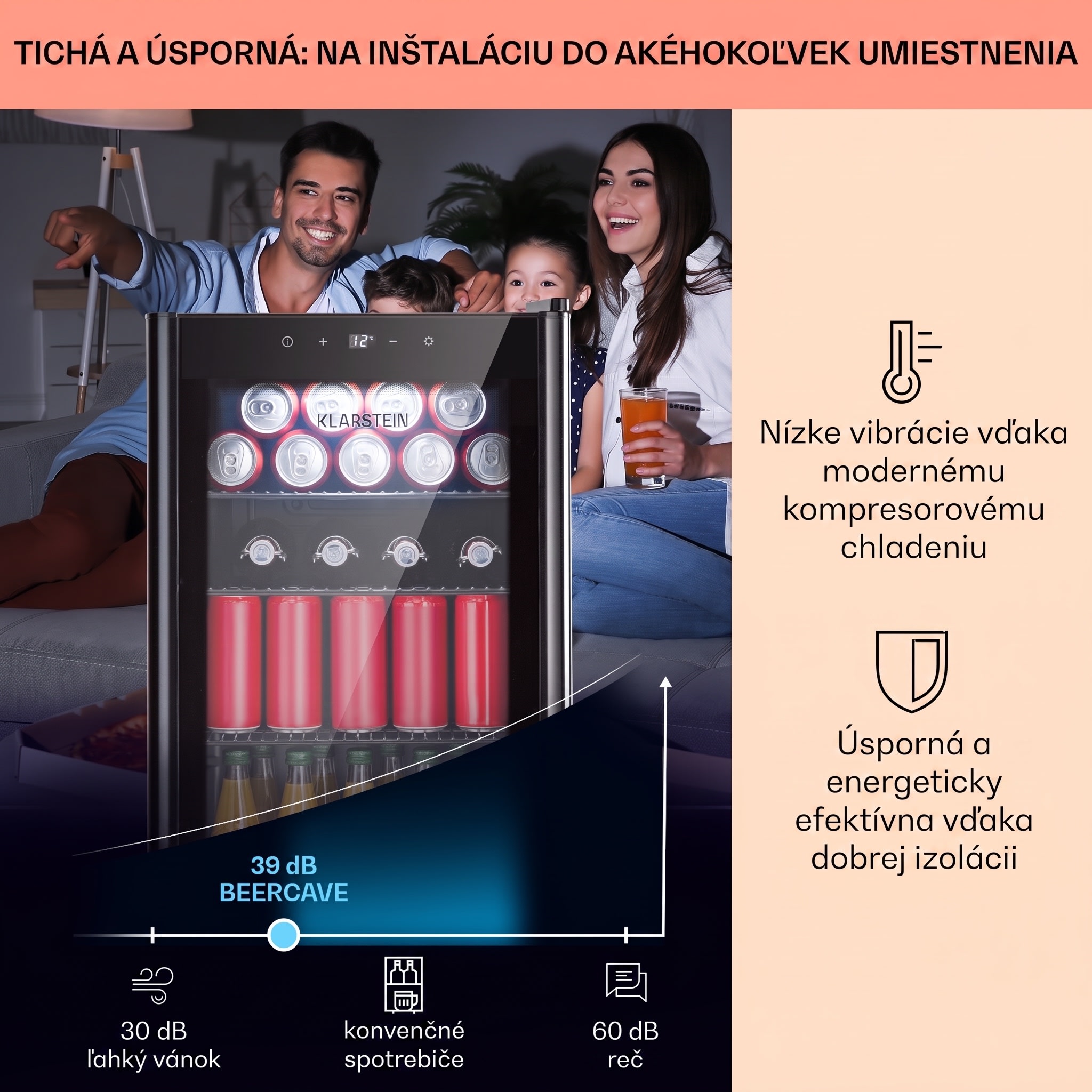 Klarstein Beercave 70, chladnička, 70 l, 3 police, trojito izolované sklenené dvere, dotyková – Obrázok 2