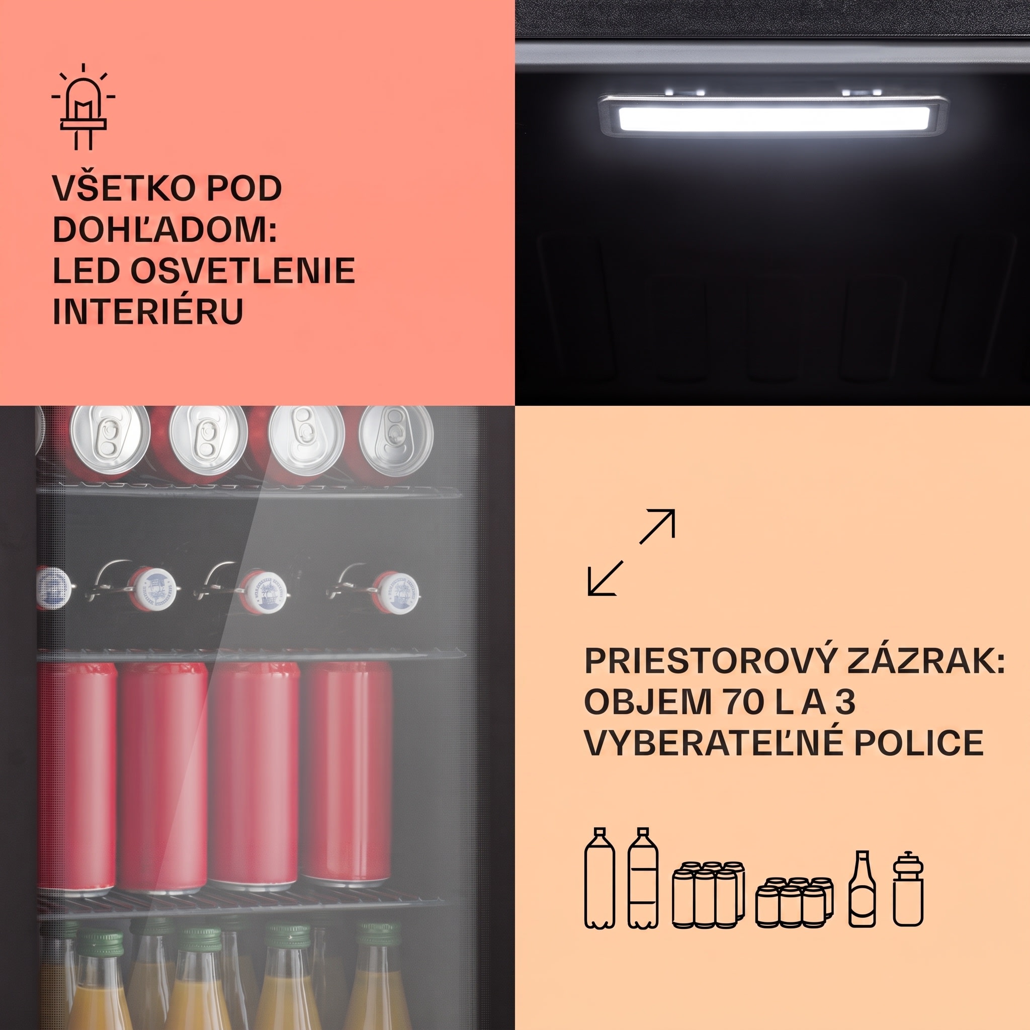 Klarstein Beercave 70, chladnička, 70 l, 3 police, trojito izolované sklenené dvere, dotyková – Obrázok 3