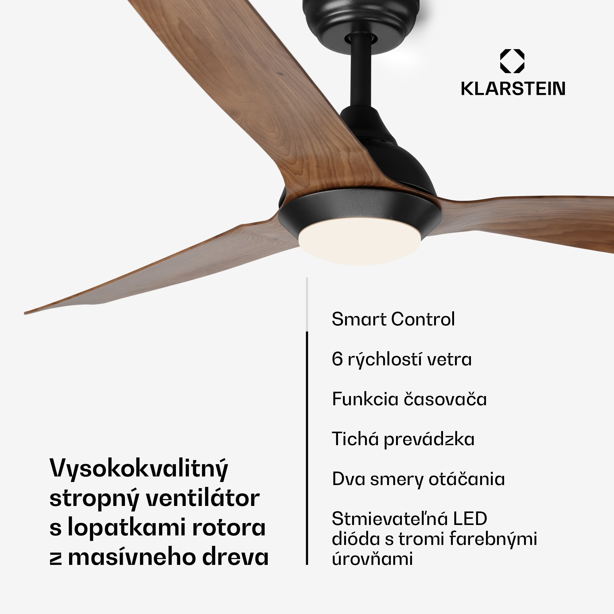 Klarstein Fiji Flow 2 v 1 Smart, stropný ventilátor, Ø 132 cm, stmievateľné LED svetlo, diaľkové ovládanie, ovládanie cez aplikáciu, 2 smery chodu