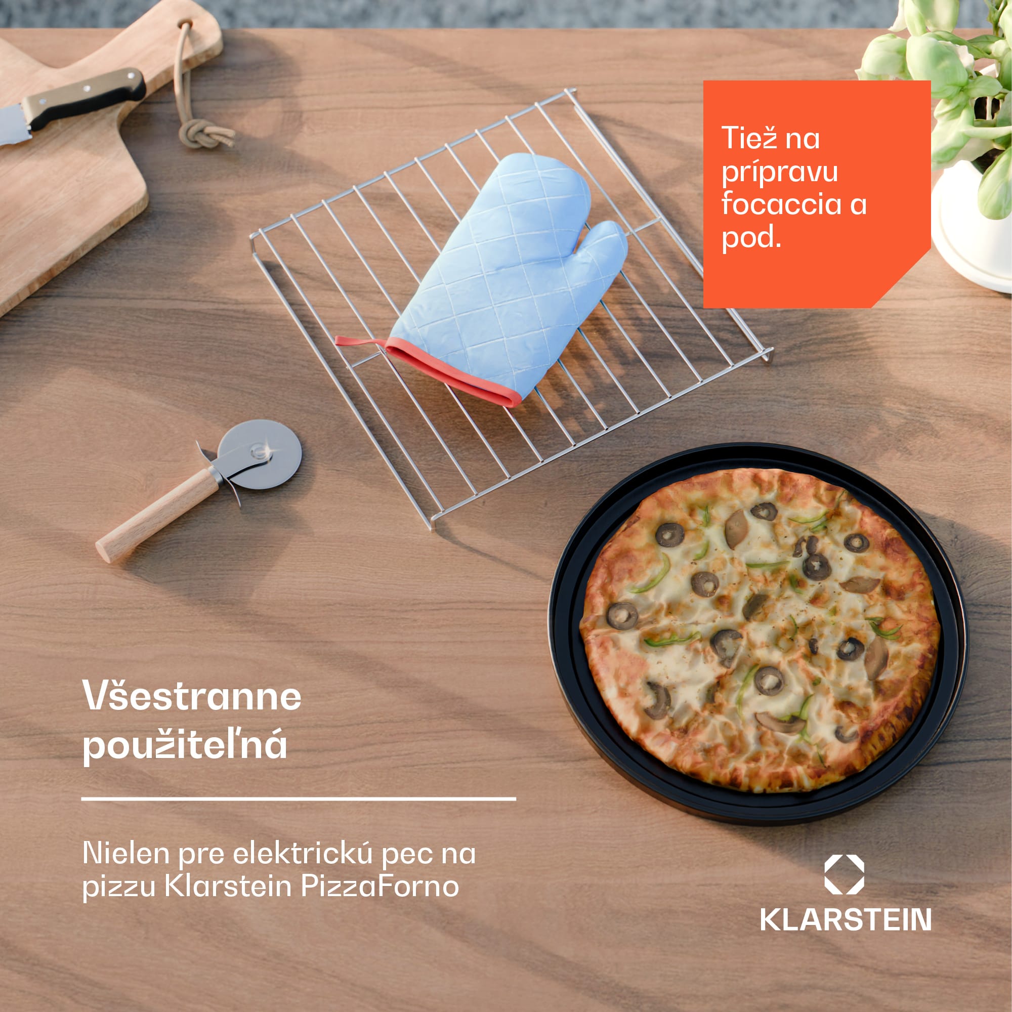 Klarstein 4-dielna súprava príslušenstva PizzaForno, stojan na pizzu a panvica na pizzu, tepelná rukavica a krájač – Obrázok 2
