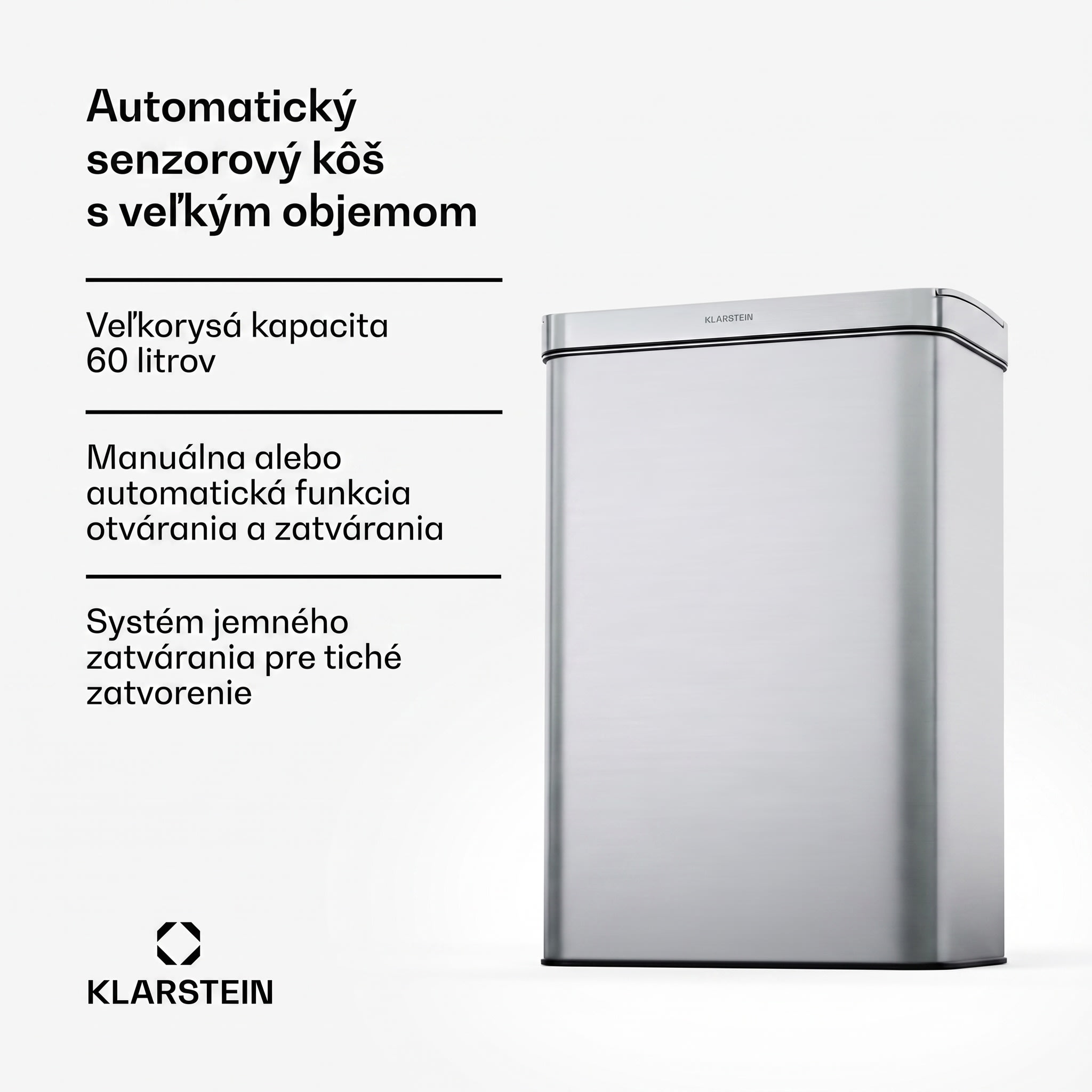 Klarstein Touchless, senzorový odpadkový kôš, 60 l, z nehrdzavejúcej ocele, Soft-Close zatváranie, napájaný batériou, LED displej, časovač
