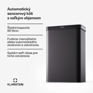 Klarstein Touchless, senzorový odpadkový kôš, 60 l, z nehrdzavejúcej ocele, Soft-Close zatváranie, napájaný batériou, LED displej, časovač