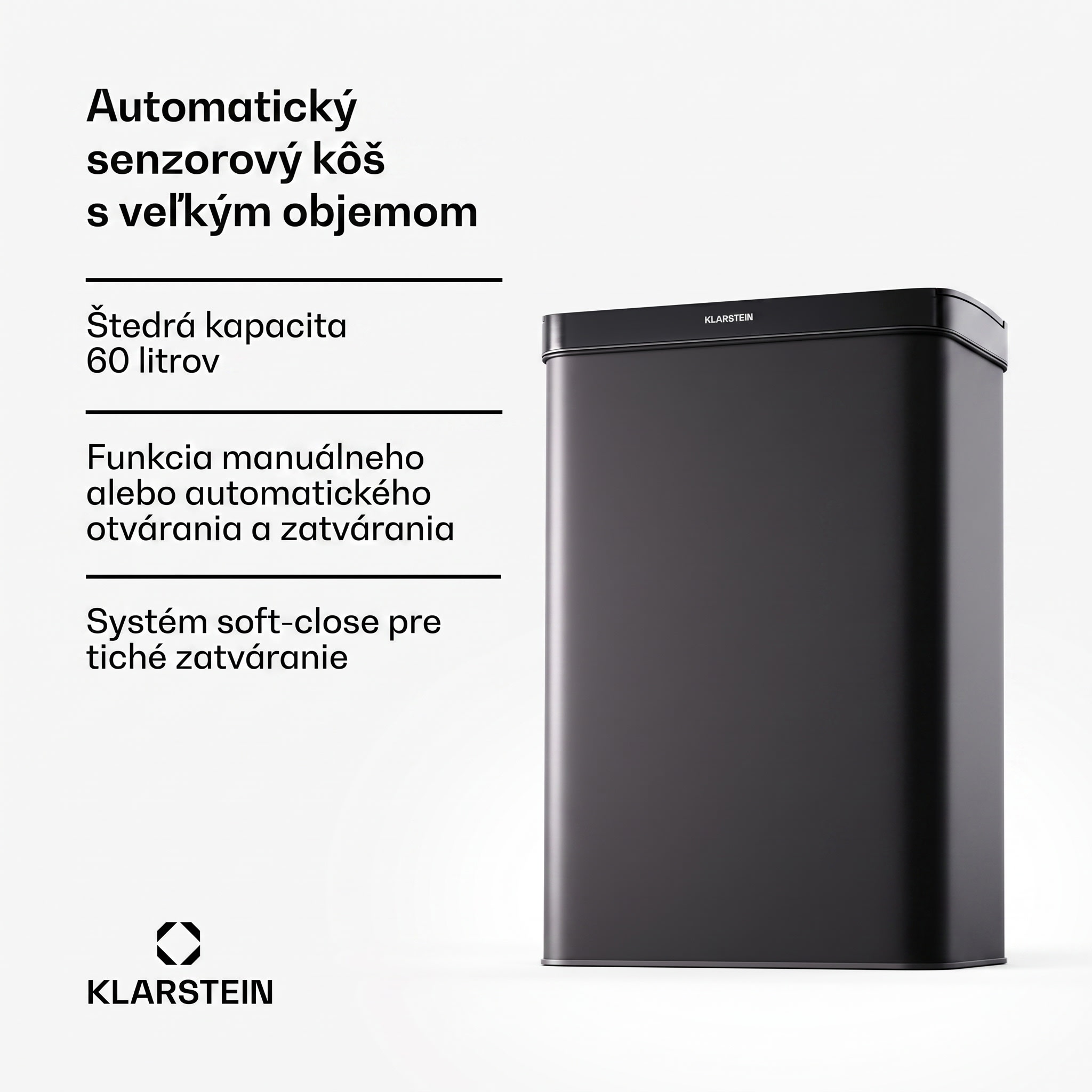 Klarstein Touchless, senzorový odpadkový kôš, 60 l, z nehrdzavejúcej ocele, Soft-Close zatváranie, napájaný batériou, LED displej, časovač