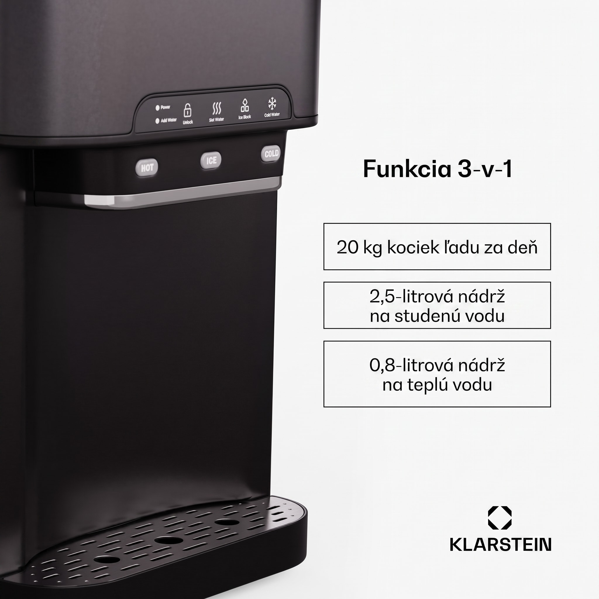 Klarstein Aqueous výrobník ľadu 3 v 1: kocky ľadu, dávkovač vody: horúca a studená, 20 kg/24h