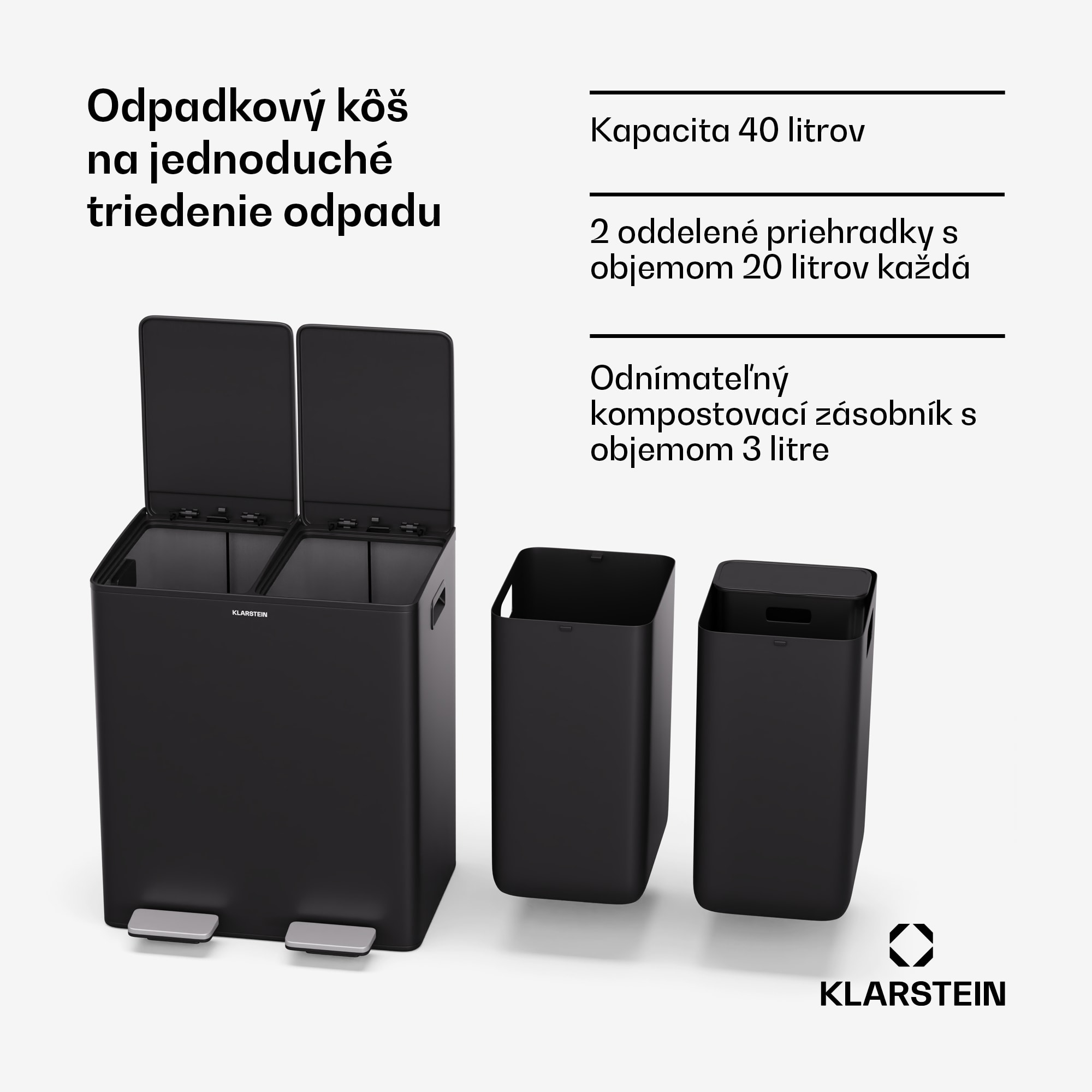 Klarstein EcoVista, odpadkový kôš s kompostérom, 40 l + 3 l/kôš + kompostér, Soft-Close – Obrázok 2