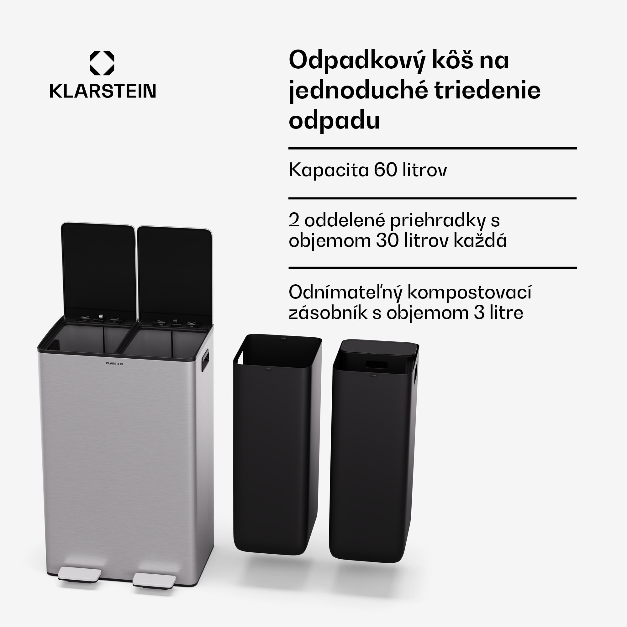 Klarstein EcoVista, odpadkový kôš s kompostérom, 60 l + 3 l/kôš + kompostér, Soft-Close – Obrázok 2