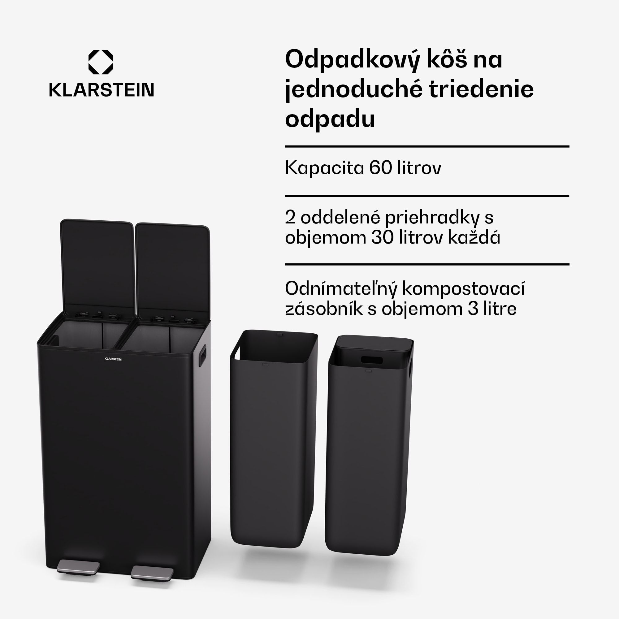 Klarstein EcoVista, odpadkový kôš s kompostérom, 60 l + 3 l/kôš + kompostér, Soft-Close – Obrázok 2