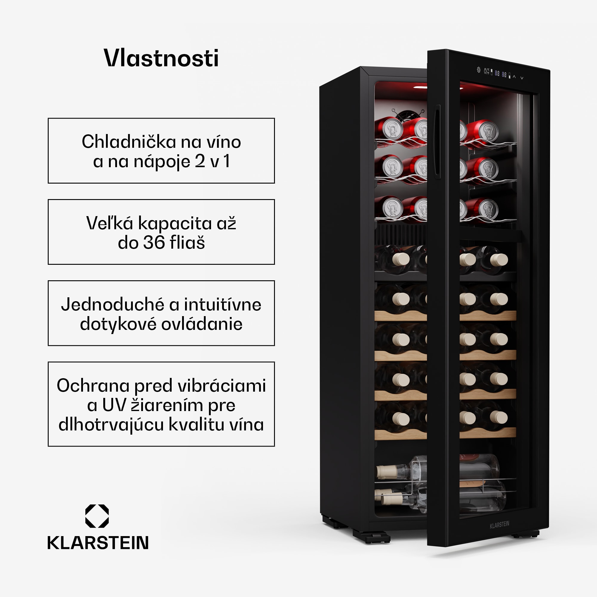 Klarstein Bovella 36 Duo+ chladnička na víno, 2 v 1, 36 fliaš, 2 zóny, 7 políc, Dotykové ovládanie