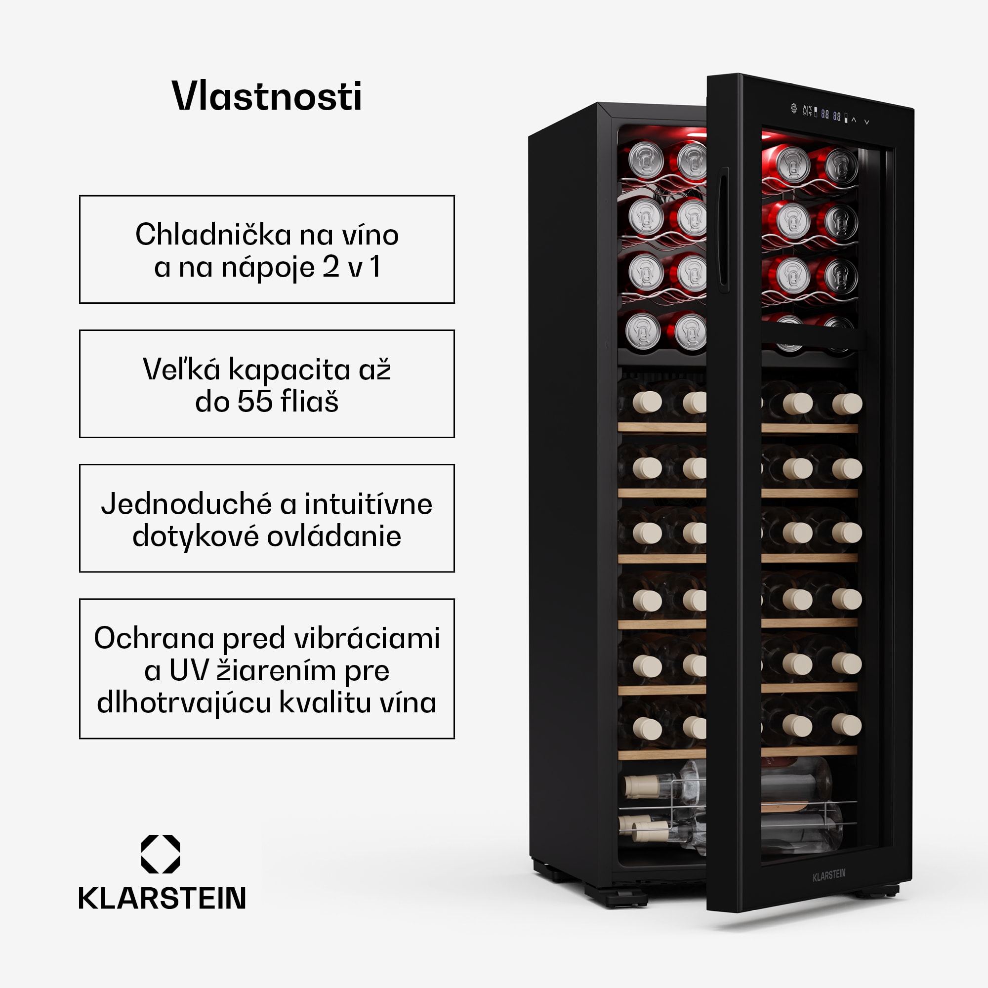 Klarstein Bovella 55 Duo+ chladnička na víno, 2 v 1, 55 fliaš, 2 zóny, 9 políc, Dotykové ovládanie