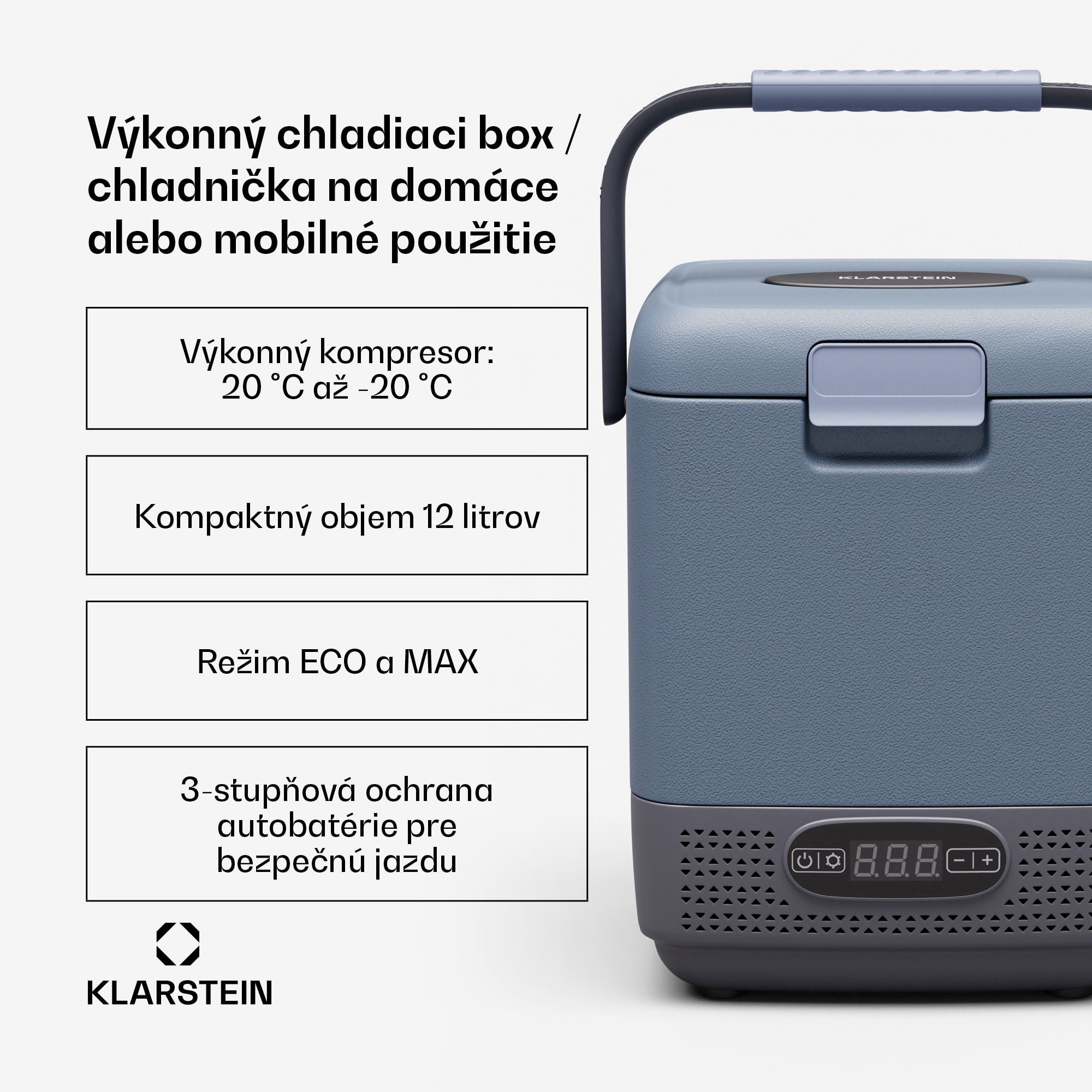Klarstein SwiftFrost 12L chladiaci box, 12V-24V/230V, do -20 °C, kompresor, 2 úrovne výkonu, LED displej