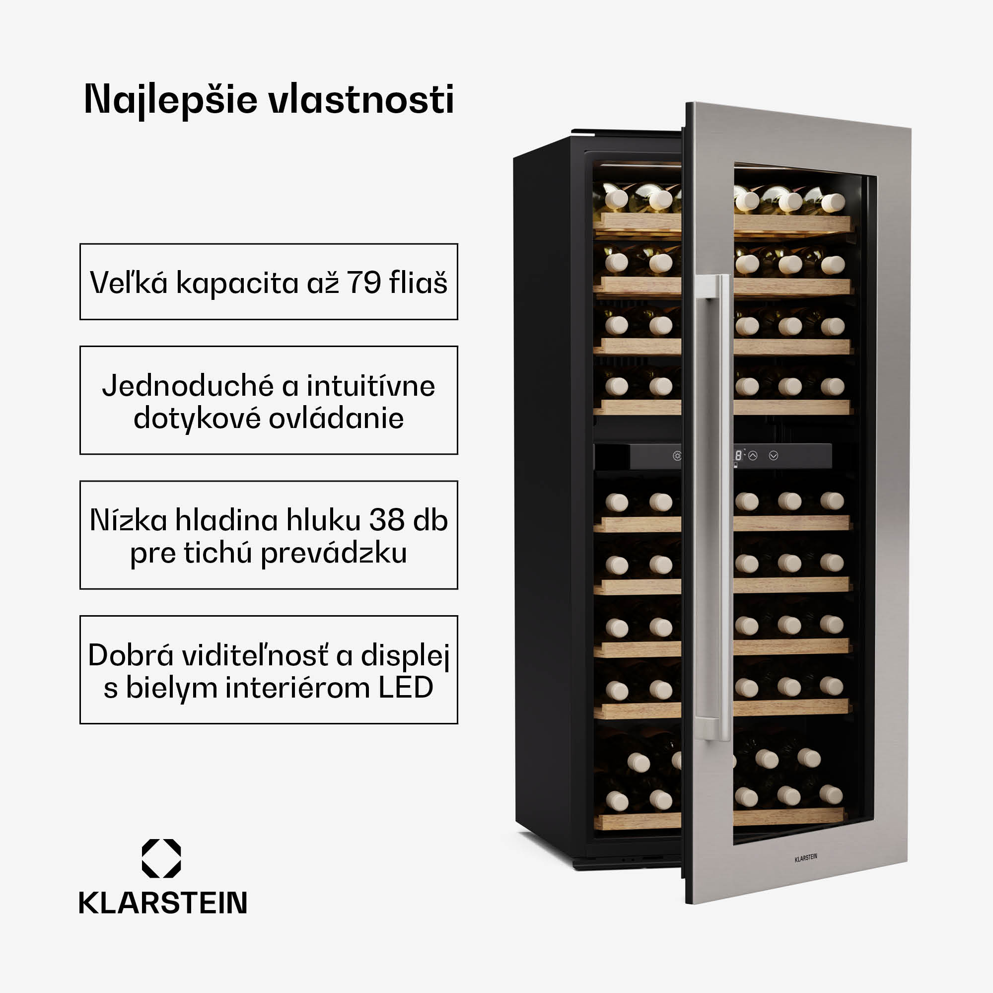 Klarstein Vinsider Duo chladnička na víno, 79 fliaš, 2 chladiace zóny, UV ochrana, 9 políc, Dotykové ovládanie