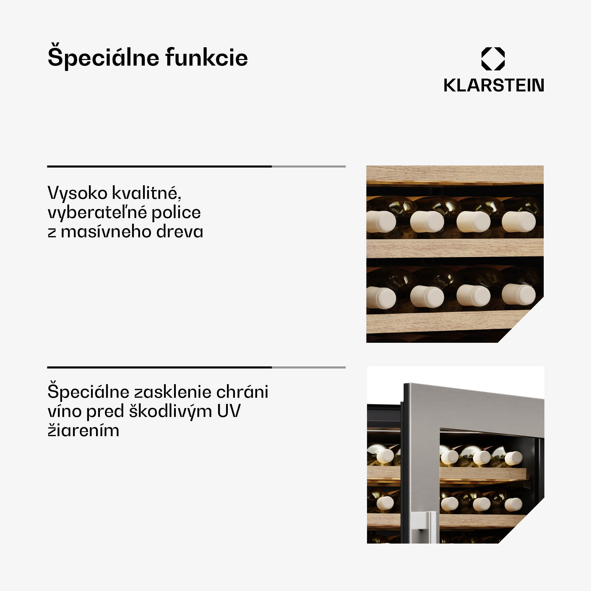 Klarstein Vinsider Duo chladnička na víno, 79 fliaš, 2 chladiace zóny, UV ochrana, 9 políc, Dotykové ovládanie – Obrázok 4