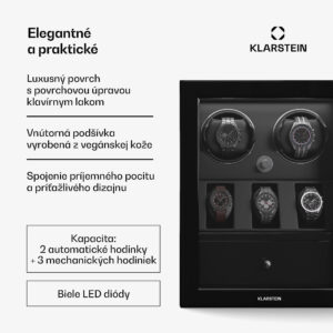 Klarstein ChronoVault navíjač hodiniek | 2+3 hodinky | vegánsky | vysoký lesk | 4 režimy | Mabuchi motor | LED | zásuvka