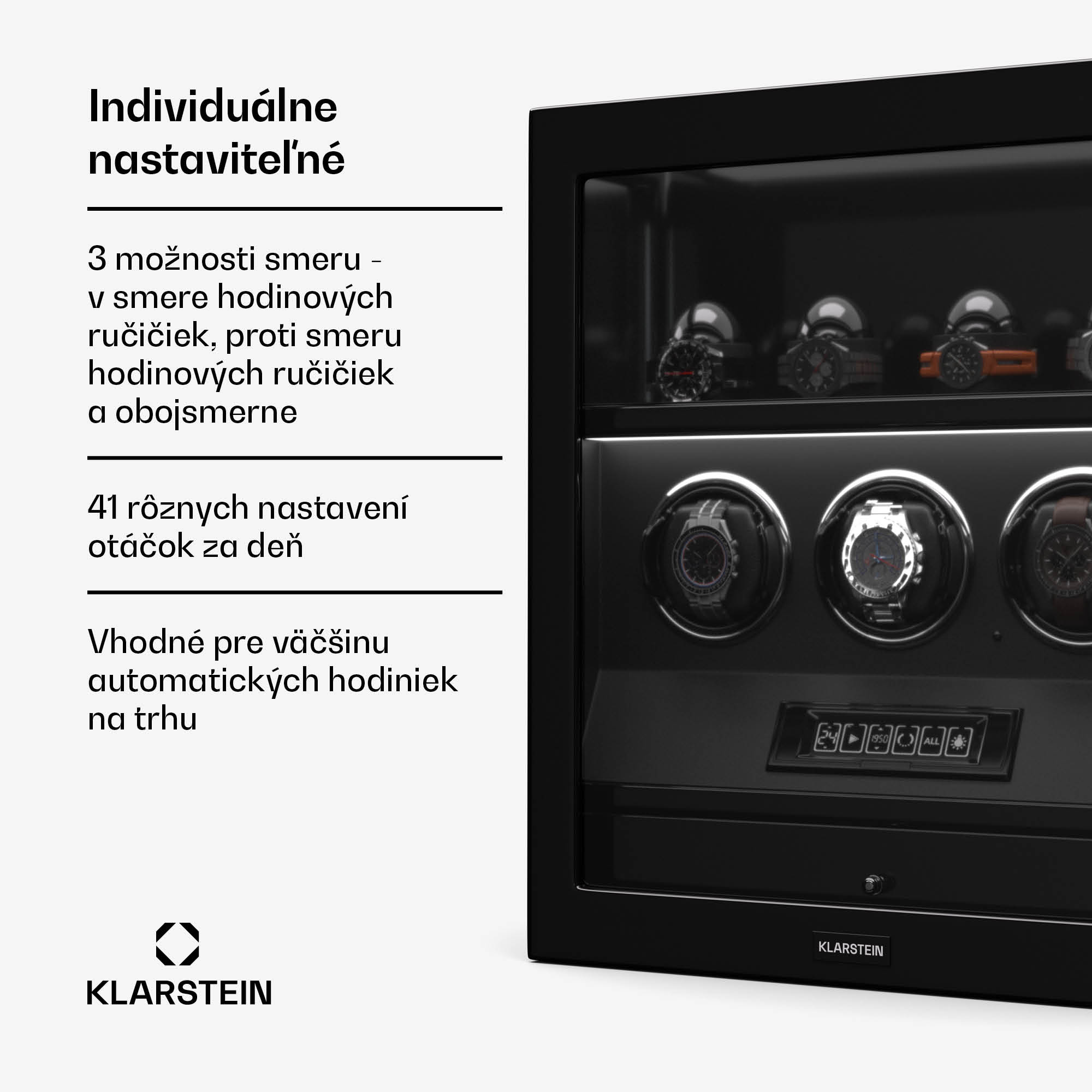 Klarstein SecureTouch naťahovač hodiniek, 3+4 hodinky, motor Mabuchi, klavírny lak, 41 režimov, zámok, LED diódy – Obrázok 2