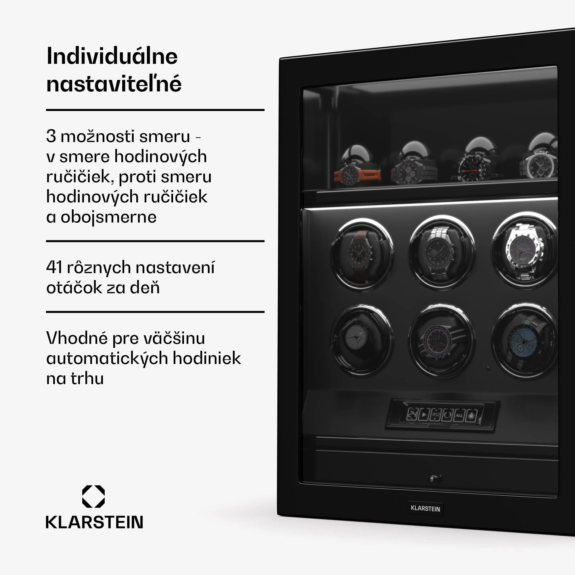 Klarstein SecureTouch naťahovač hodiniek, 6+4 hodinky, motor Mabuchi, klavírny lak, 41 režimov, zámok, LED diódy – Obrázok 2
