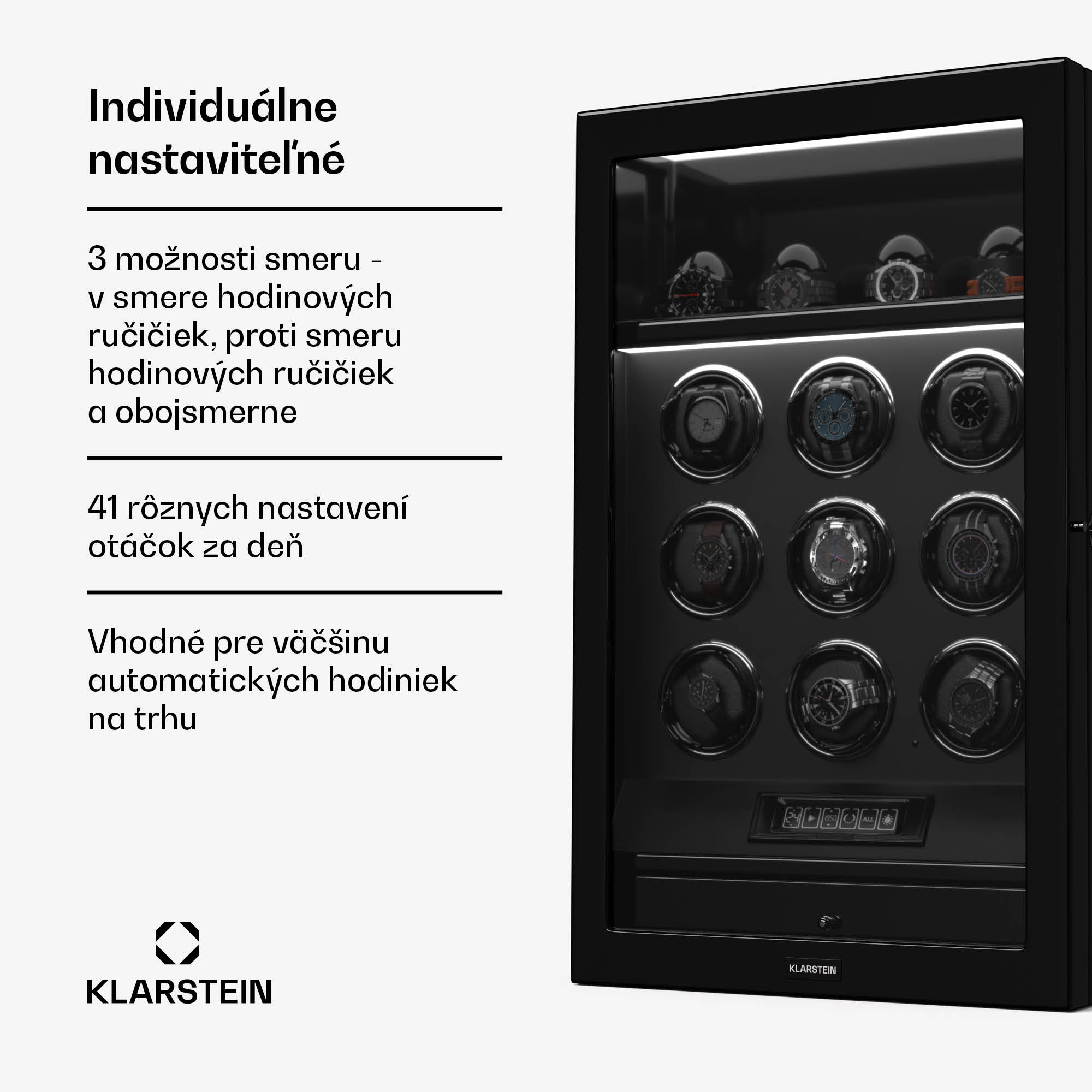 Klarstein SecureTouch naťahovač hodiniek, 9+4 hodinky, motor Mabuchi, klavírny lak, 41 režimov, zámok, LED diódy – Obrázok 2