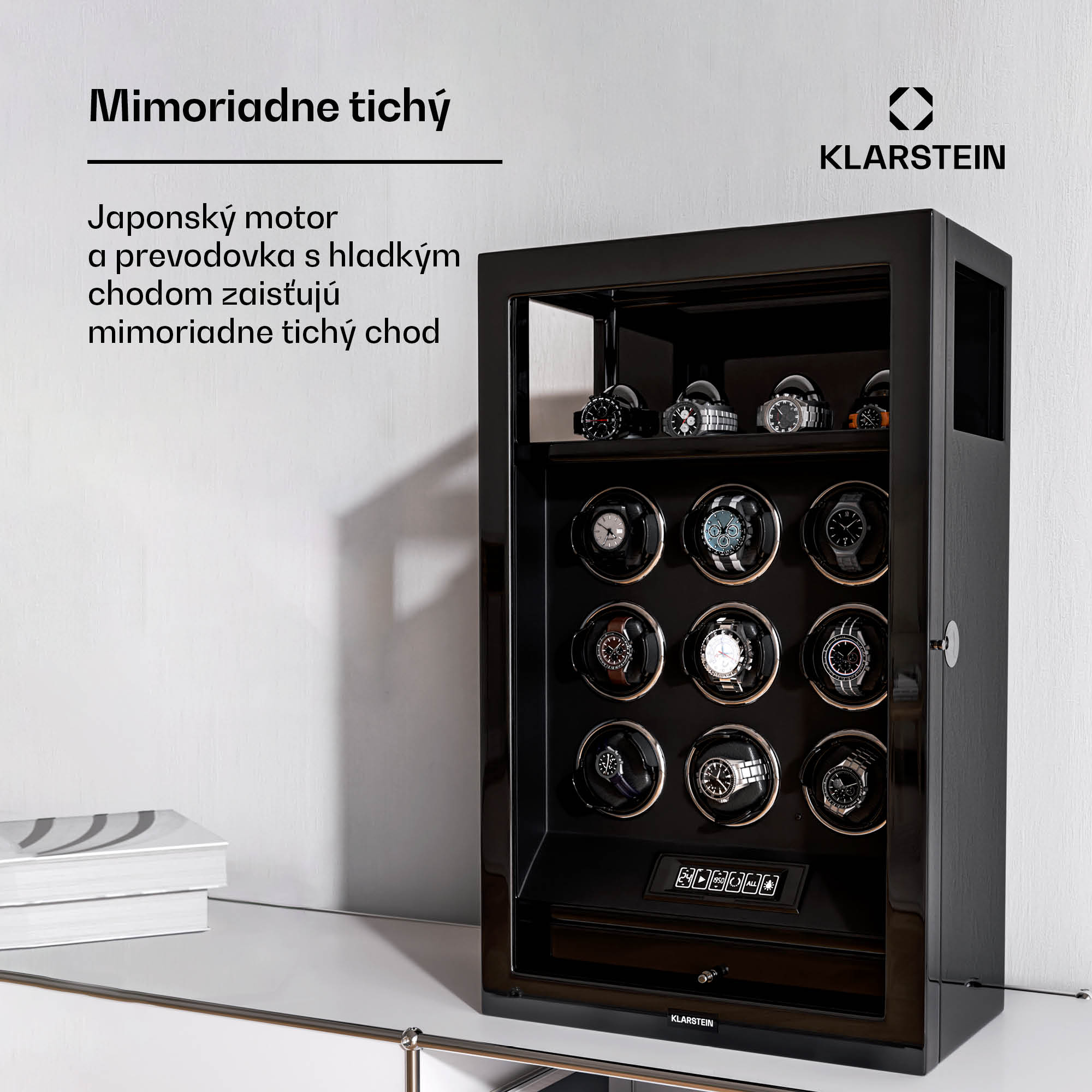 Klarstein SecureTouch naťahovač hodiniek, 9+4 hodinky, motor Mabuchi, klavírny lak, 41 režimov, zámok, LED diódy – Obrázok 3