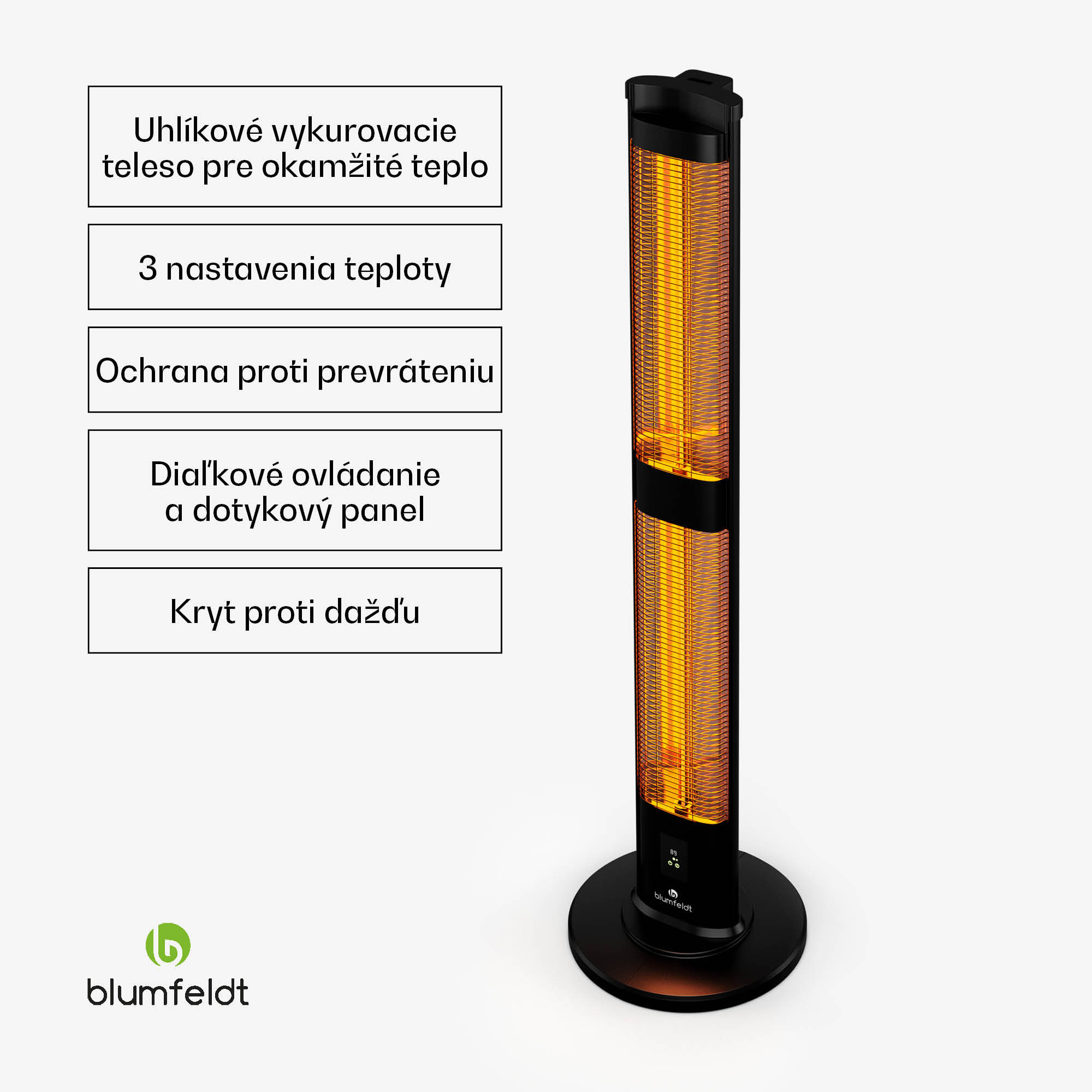 Blumfeldt BlazeTower nfračervený ohrievač, 3000 W, pre vonkajší priestor, 3 úrovne, IP45, diaľkové ovládanie, časovač