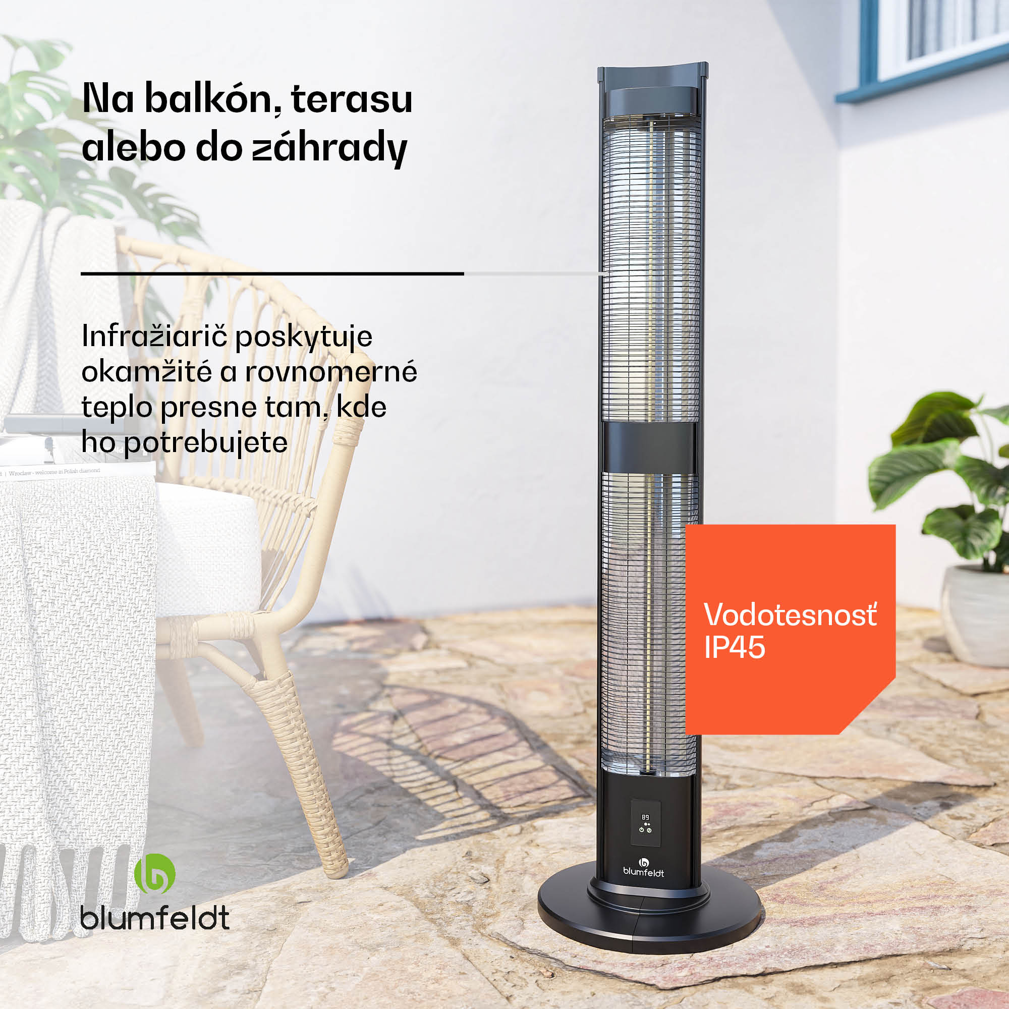Blumfeldt BlazeTower nfračervený ohrievač, 3000 W, pre vonkajší priestor, 3 úrovne, IP45, diaľkové ovládanie, časovač – Obrázok 2
