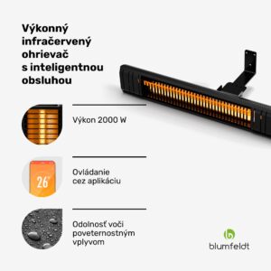 Blumfeldt Gold Bar Slim 2000 W sálavý ohrievač, 9 úrovní, funkcia WiFi, dotykové ovládanie, diaľkový ovládač, IP 65