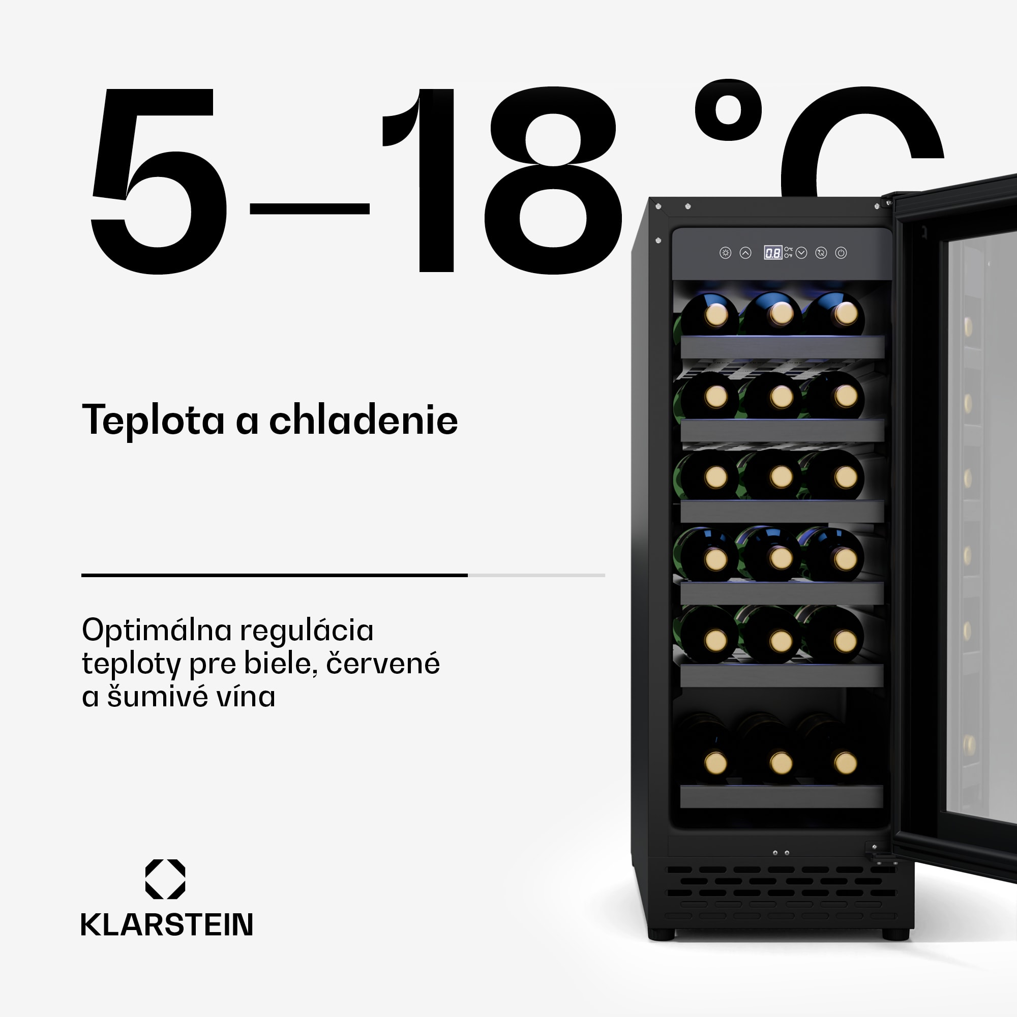 Klarstein Vinovilla 18 Uno chladnička na víno, 1 chladiaca zóna, 18 fliaš, drevené police, 5-18 °C – Obrázok 3
