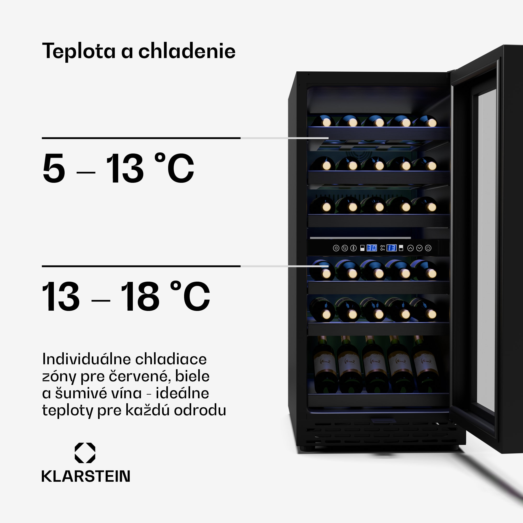 Klarstein Vinovilla 30 Duo chladnička na víno, 2 chladiace zóny, 32 fliaš, drevené police, 5-18 °C – Obrázok 3