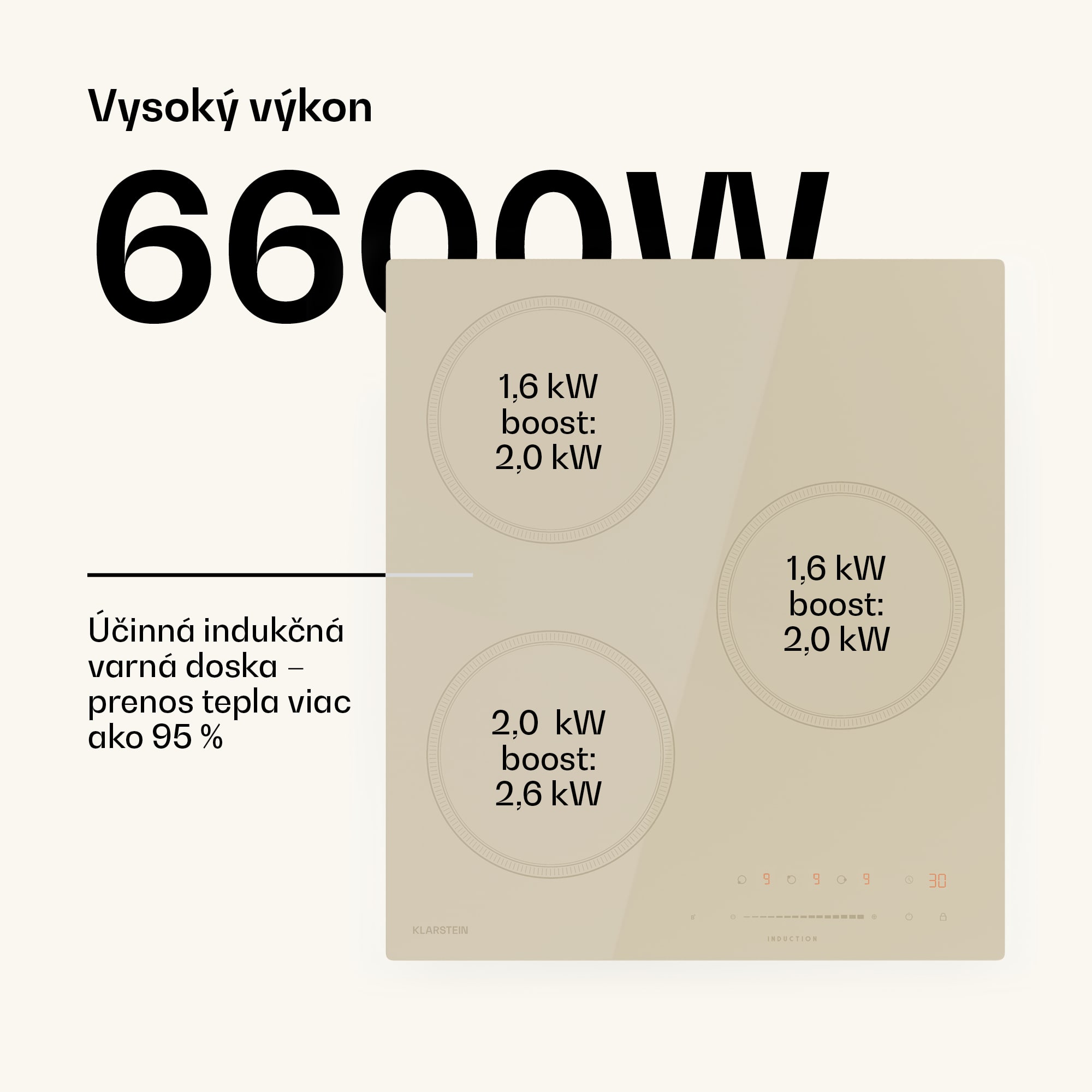 Klarstein Victoria indukčná varná doska, 45 cm, 6 600 W, 3 varné zóny, ovládanie posuvníkom, boost – Obrázok 2