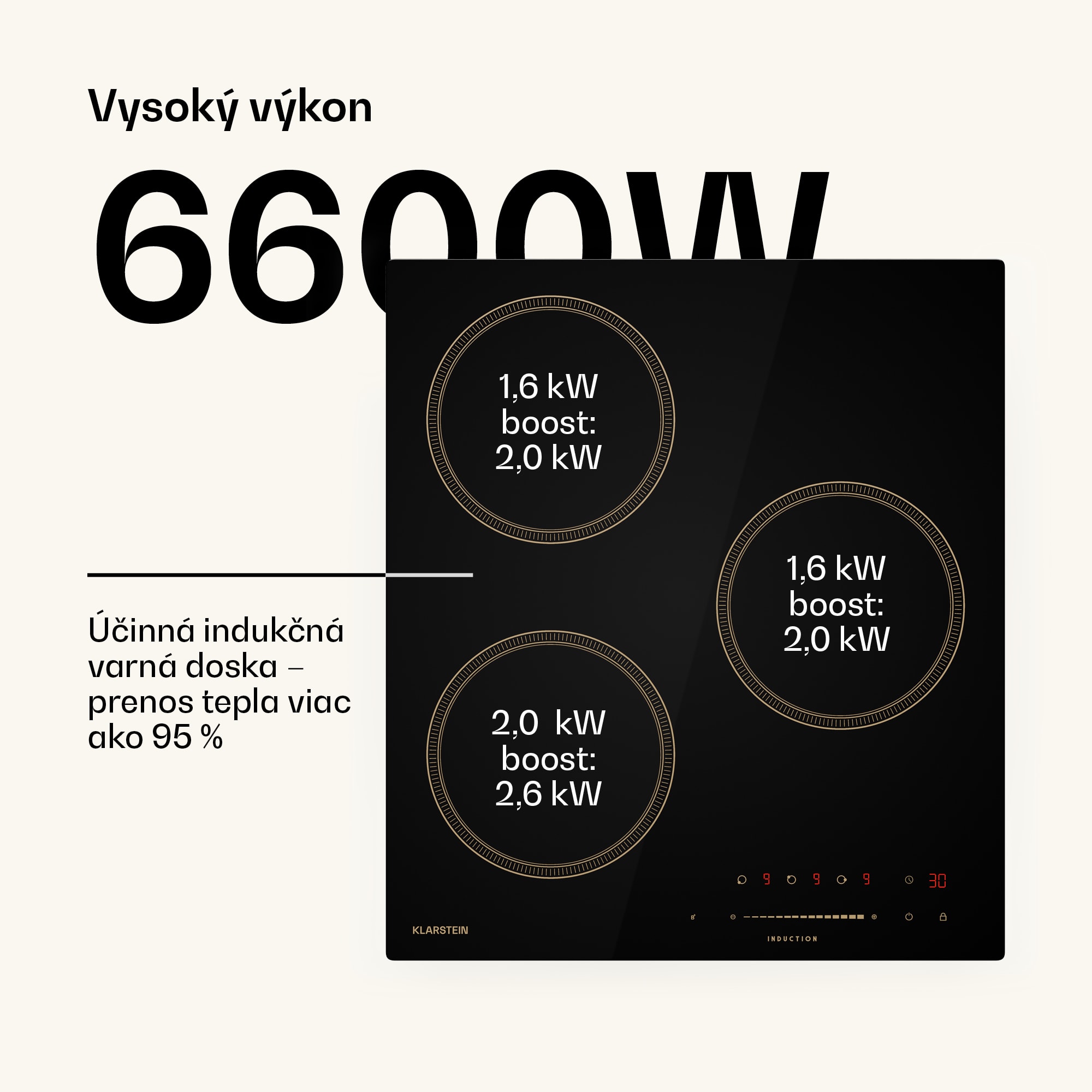Klarstein Victoria indukčná varná doska, 45 cm, 6 600 W, 3 varné zóny, ovládanie posuvníkom, boost – Obrázok 2