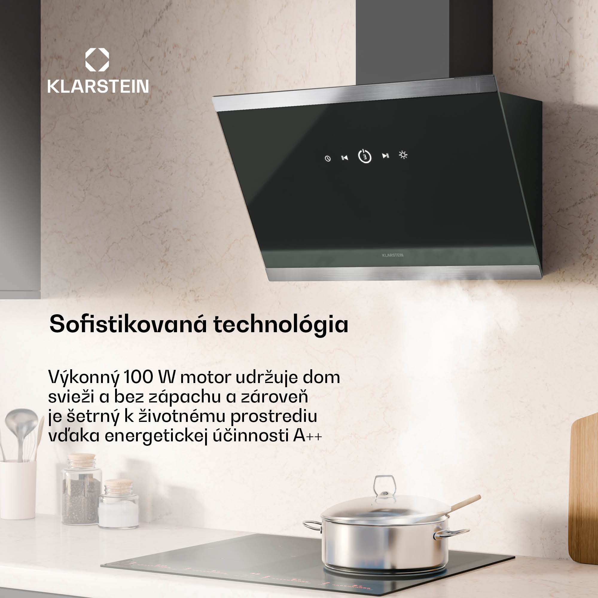 Klarstein FlashLine digestor, A++, 578 m³/h, 3 úrovne, dotykový, tichý, LED, odsávanie/recirkulácia, 100 W – Obrázok 2