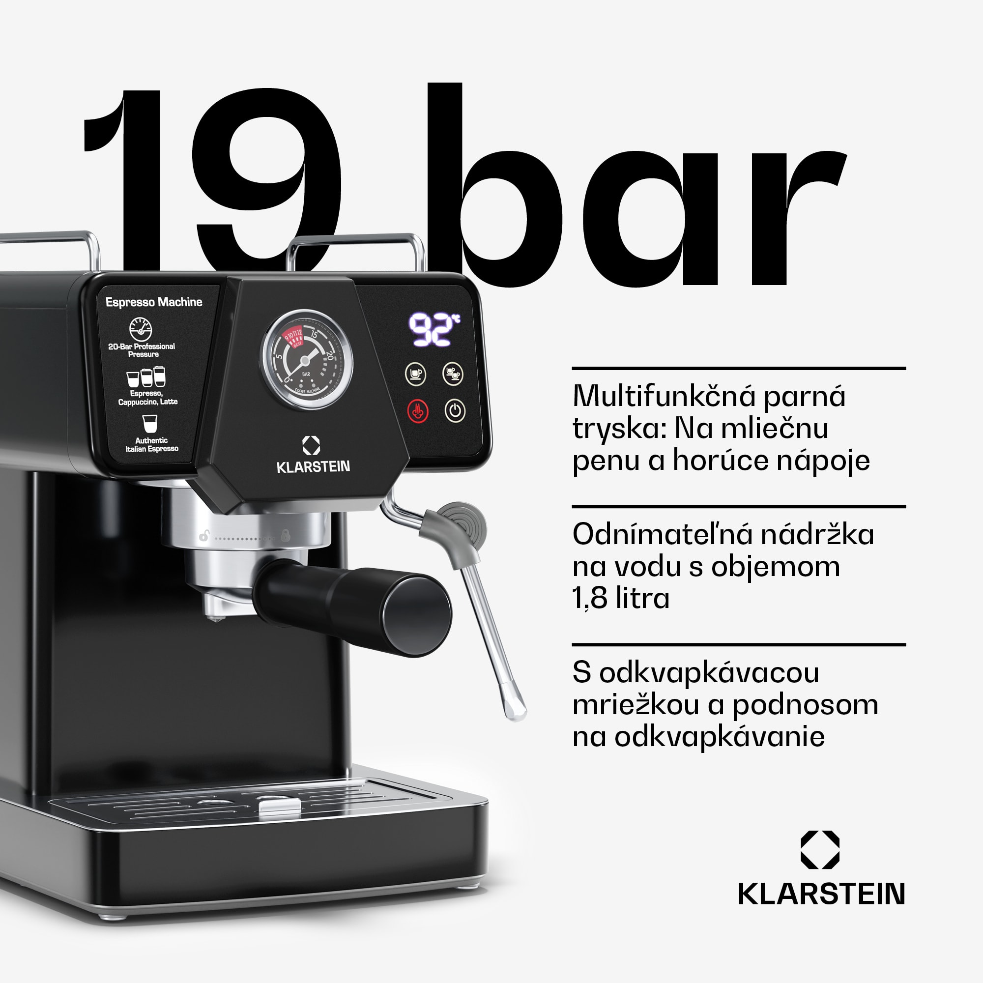 Klarstein Libeica pákový kávovar, 1350 W, 19 bar, dotykové ovládanie, nehrdzavejúca oceľ, ukazovateľ tlaku a teploty