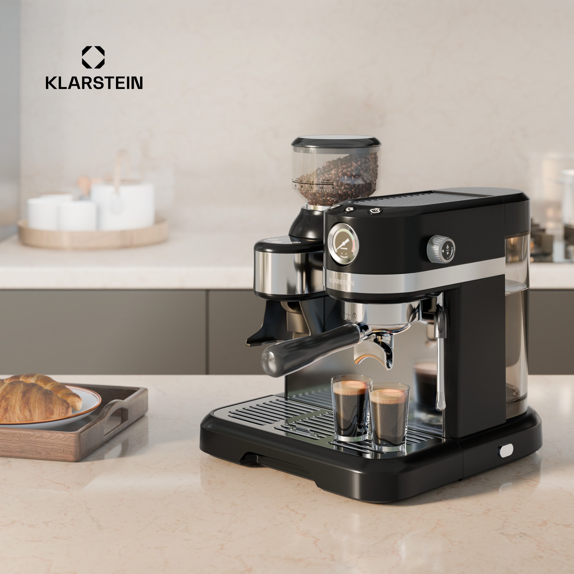 Klarstein Bella Café Pákový kávovar, Vintage, mlynček, 19 bar, Napeňovač mlieka, Tlakomer, 1150 W