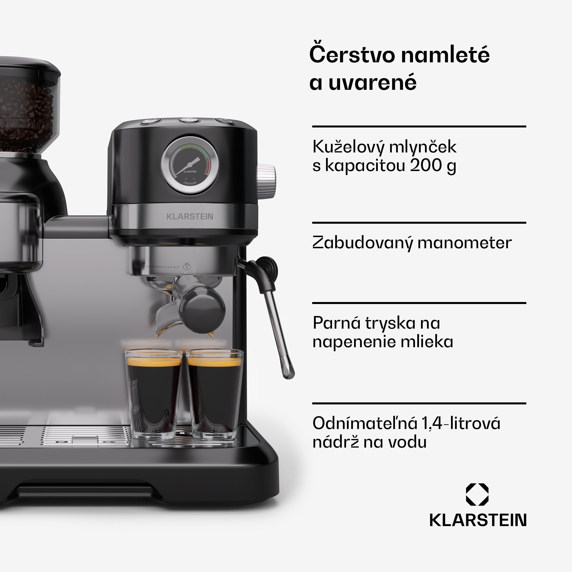 Klarstein Bella Café Pákový kávovar, Vintage, mlynček, 19 bar, Napeňovač mlieka, Tlakomer, 1150 W – Obrázok 2