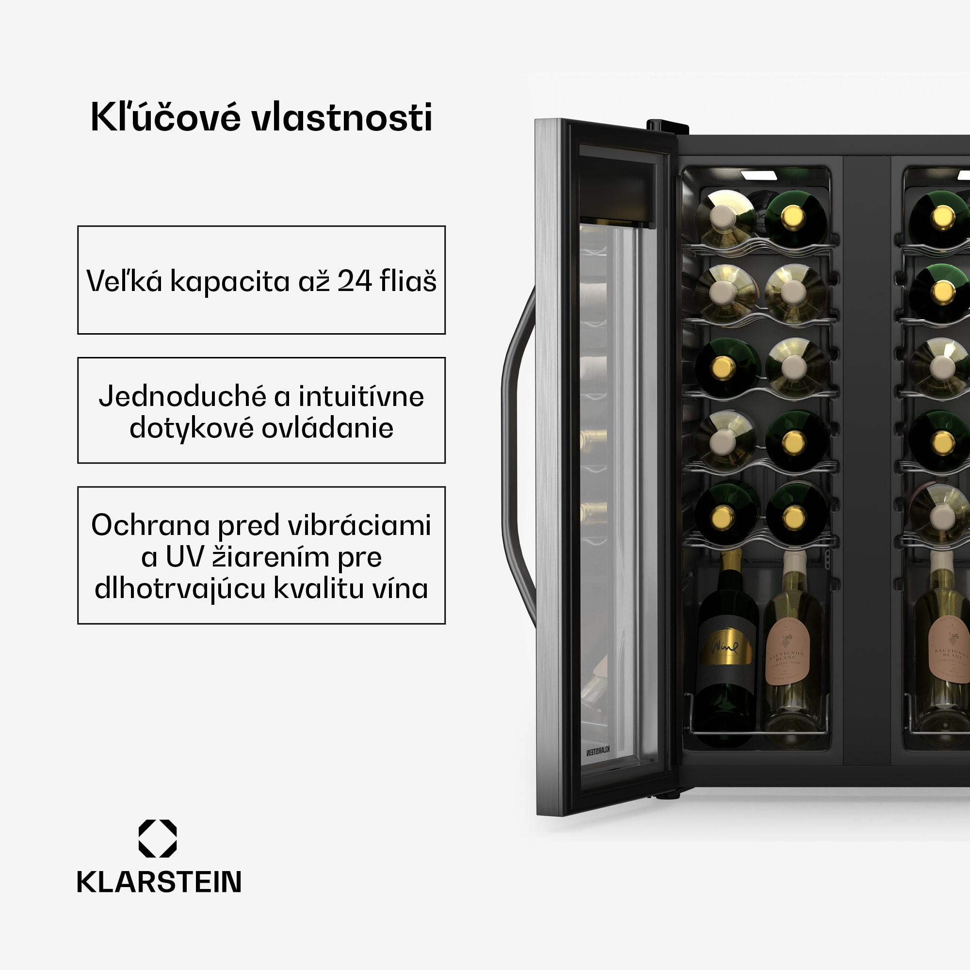 Klarstein Vinamour chladnička na víno, 2 chladiace zóny, 7 políc, dotykové ovládanie, UV-ochrana