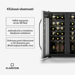 Klarstein Vinamour chladnička na víno, 2 chladiace zóny, 7 políc, dotykové ovládanie, UV-ochrana