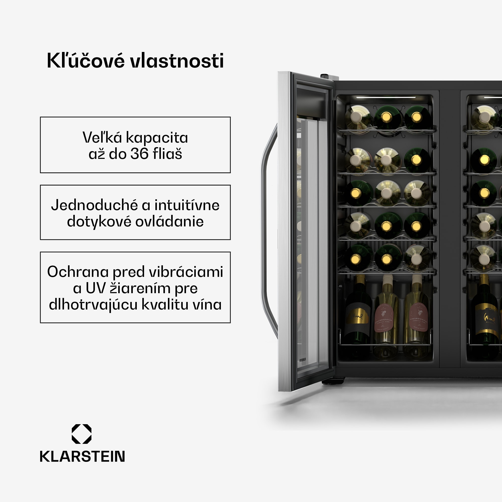 Klarstein Vinamour chladnička na víno, 2 chladiace zóny, 7 políc, dotykové ovládanie, UV-ochrana