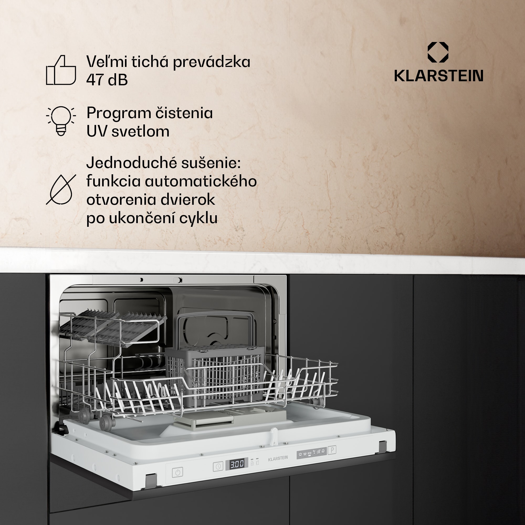 Klarstein Havasia Flow UV 6 Secret vstavaná umývačka riadu, kompaktná, 6 súprav, UV-Svetlo, 6 Programov – Obrázok 2