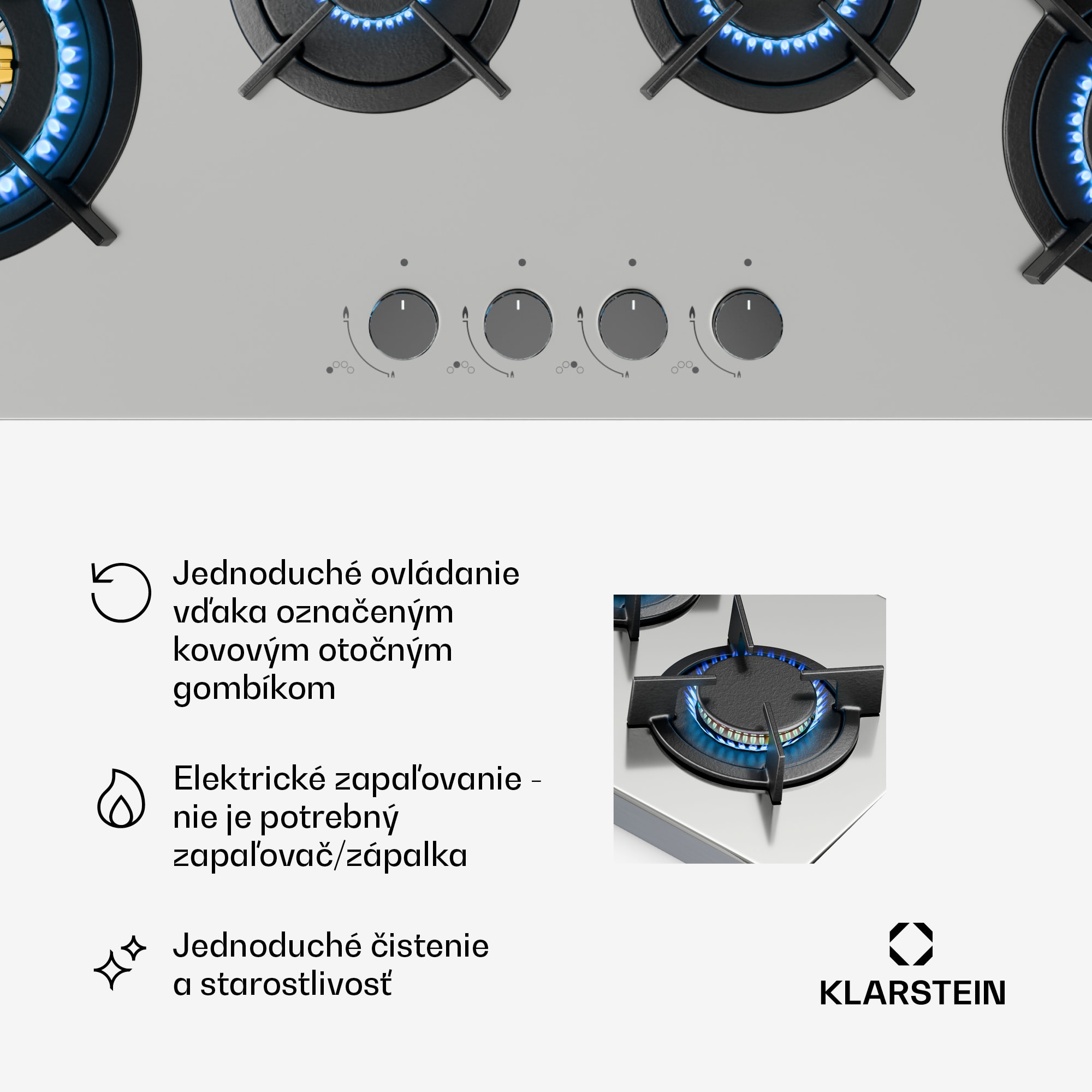 Klarstein Goldflame 4 Slim plynová varná doska, 4 horáky, na kvapalný alebo zemný plyn, elektrické zapaľovanie – Obrázok 4