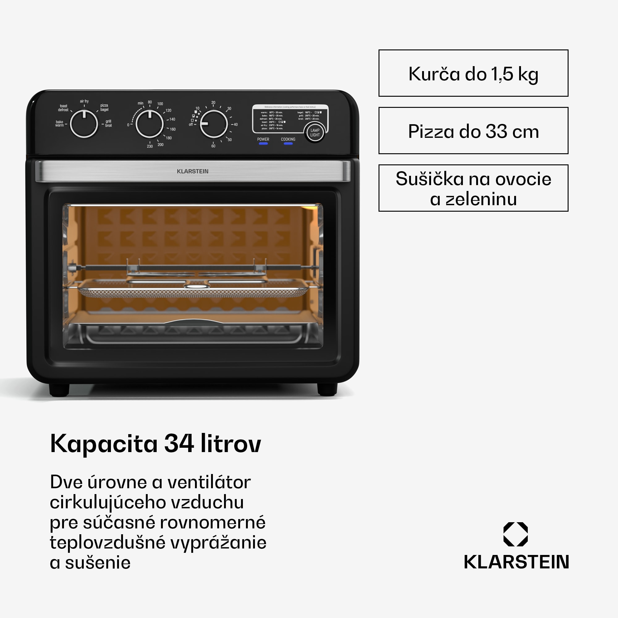 Klarstein Air Glaze teplovzdušná fritéza, 2000 W, 34 litrov, panoramatické okno, vrátane sady príslušenstva