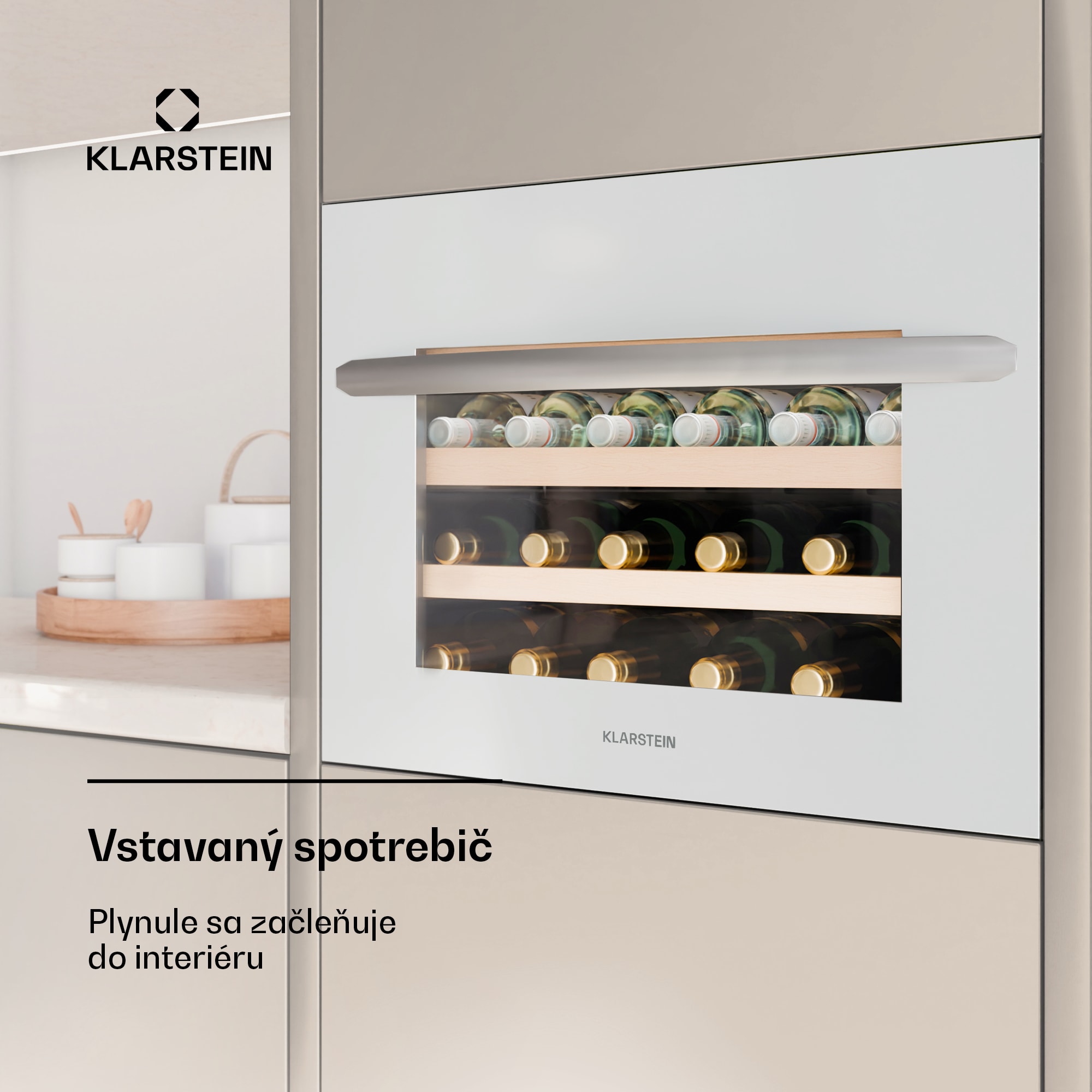 Klarstein Vinoline 24 Vstavaná vinotéka Uno, 24 fliaš, Integrovateľná, LED, biele sklenené dvere – Obrázok 2