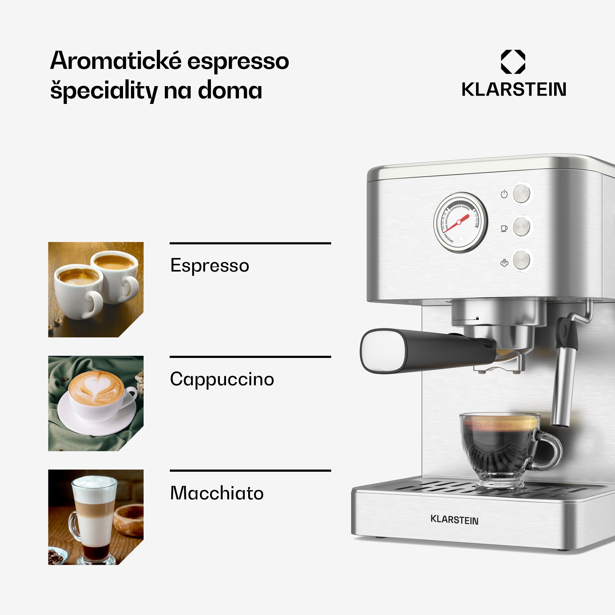 Klarstein SteelPresso kávovar s portafiltrom, Kompaktný, 20 bar, Naparovač, Ohrievacia platňa – Obrázok 2