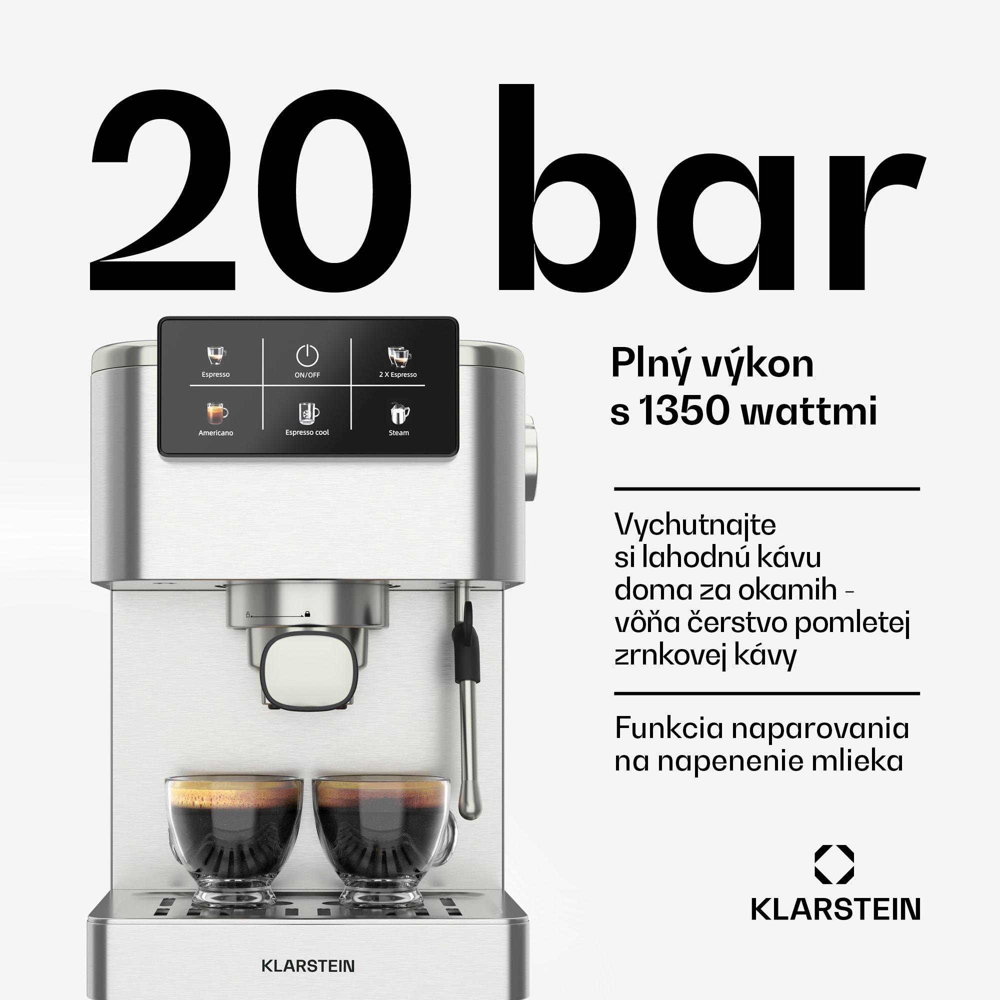Klarstein SteelPresso Touch kávovar s portafiltrom, Dotykový displej, 20 bar, Nehrdzavejúca oceľ
