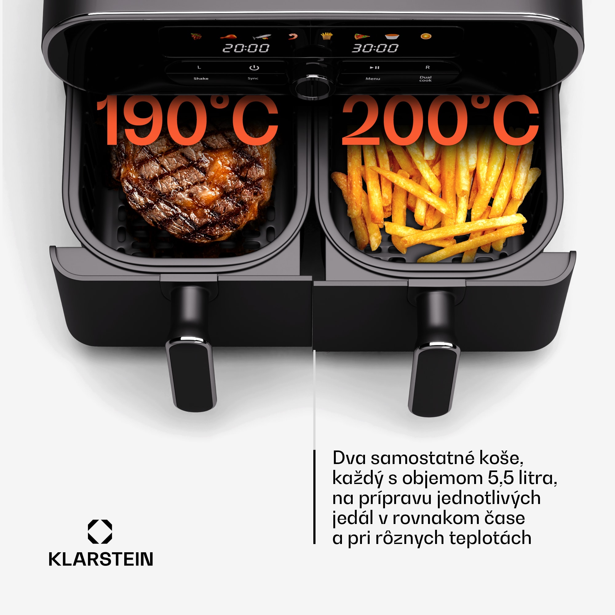 Klarstein AuraAir Color Touch teplovzdušná fritéza, 2 komory, 10 l, 1700 W, 80 - 200 °C, 8 programov