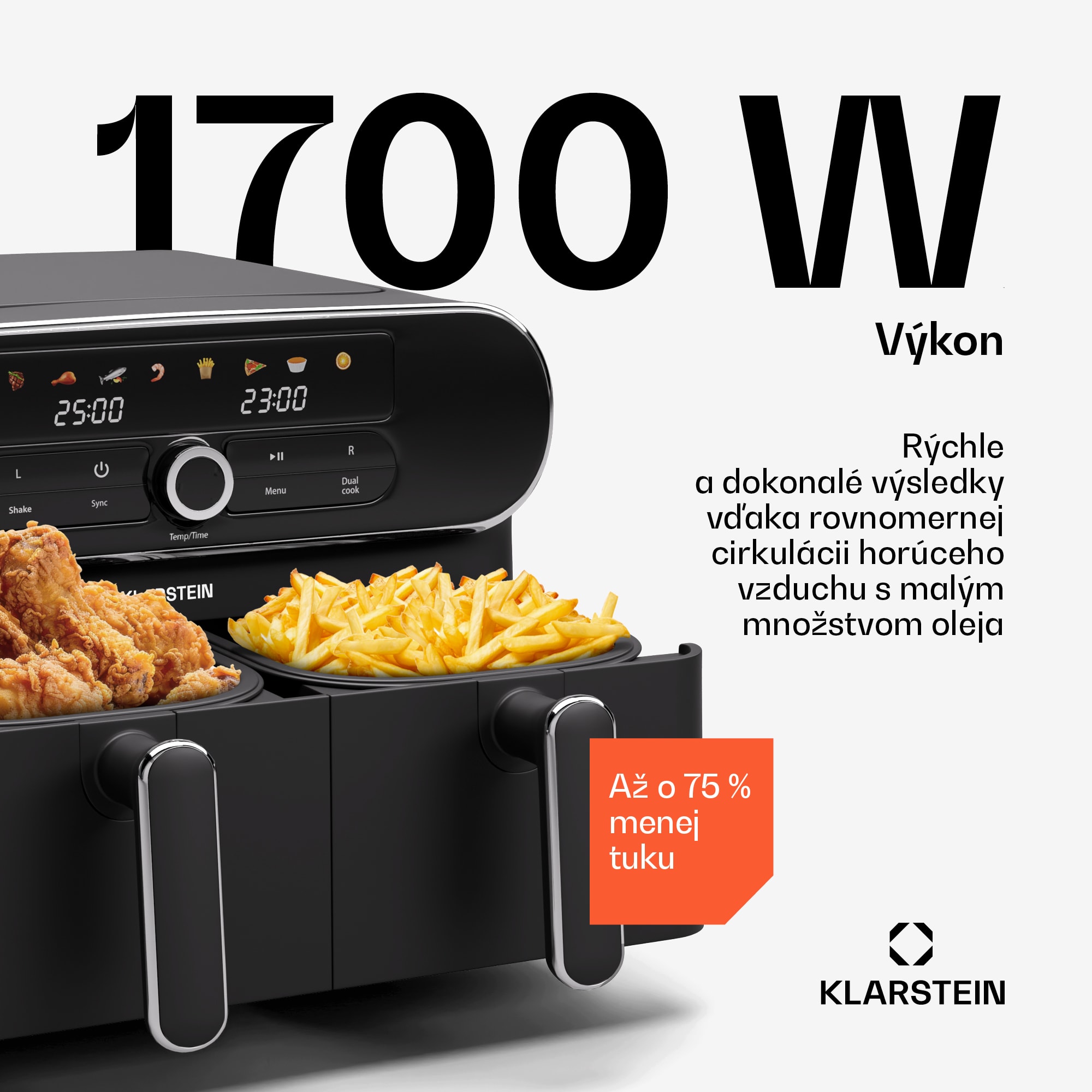 Klarstein AuraAir Color Touch teplovzdušná fritéza, 2 komory, 10 l, 1700 W, 80 - 200 °C, 8 programov – Obrázok 2
