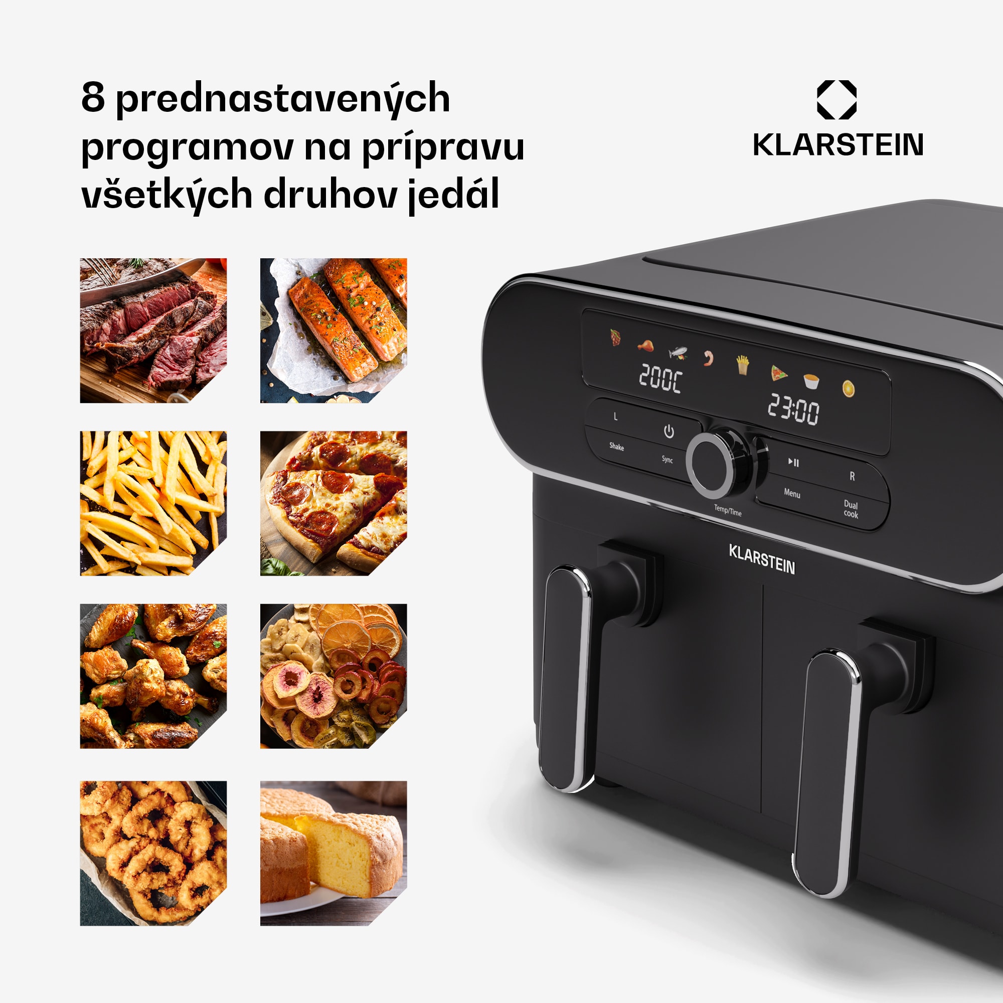 Klarstein AuraAir Color Touch teplovzdušná fritéza, 2 komory, 10 l, 1700 W, 80 - 200 °C, 8 programov – Obrázok 3