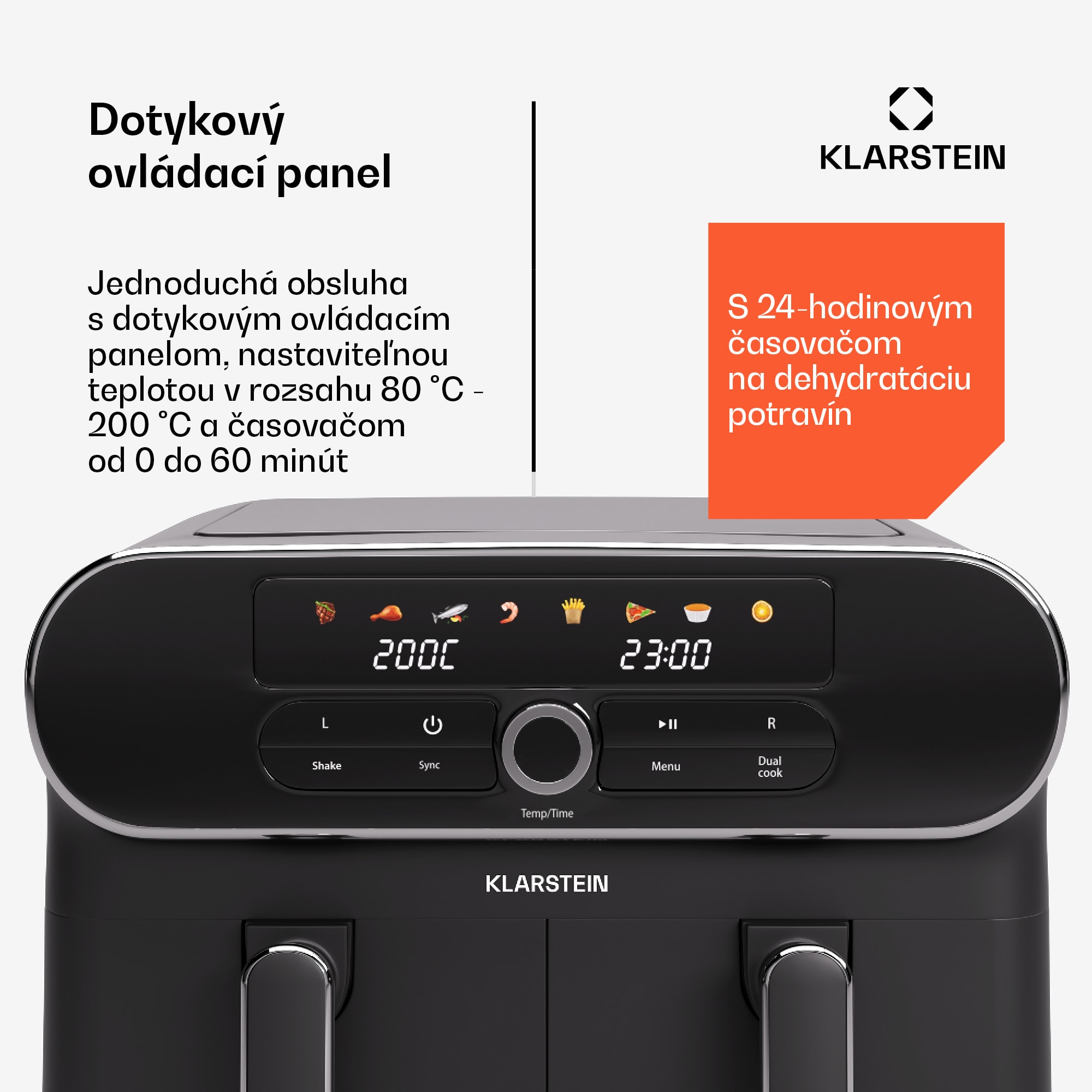 Klarstein AuraAir Color Touch teplovzdušná fritéza, 2 komory, 10 l, 1700 W, 80 - 200 °C, 8 programov – Obrázok 4
