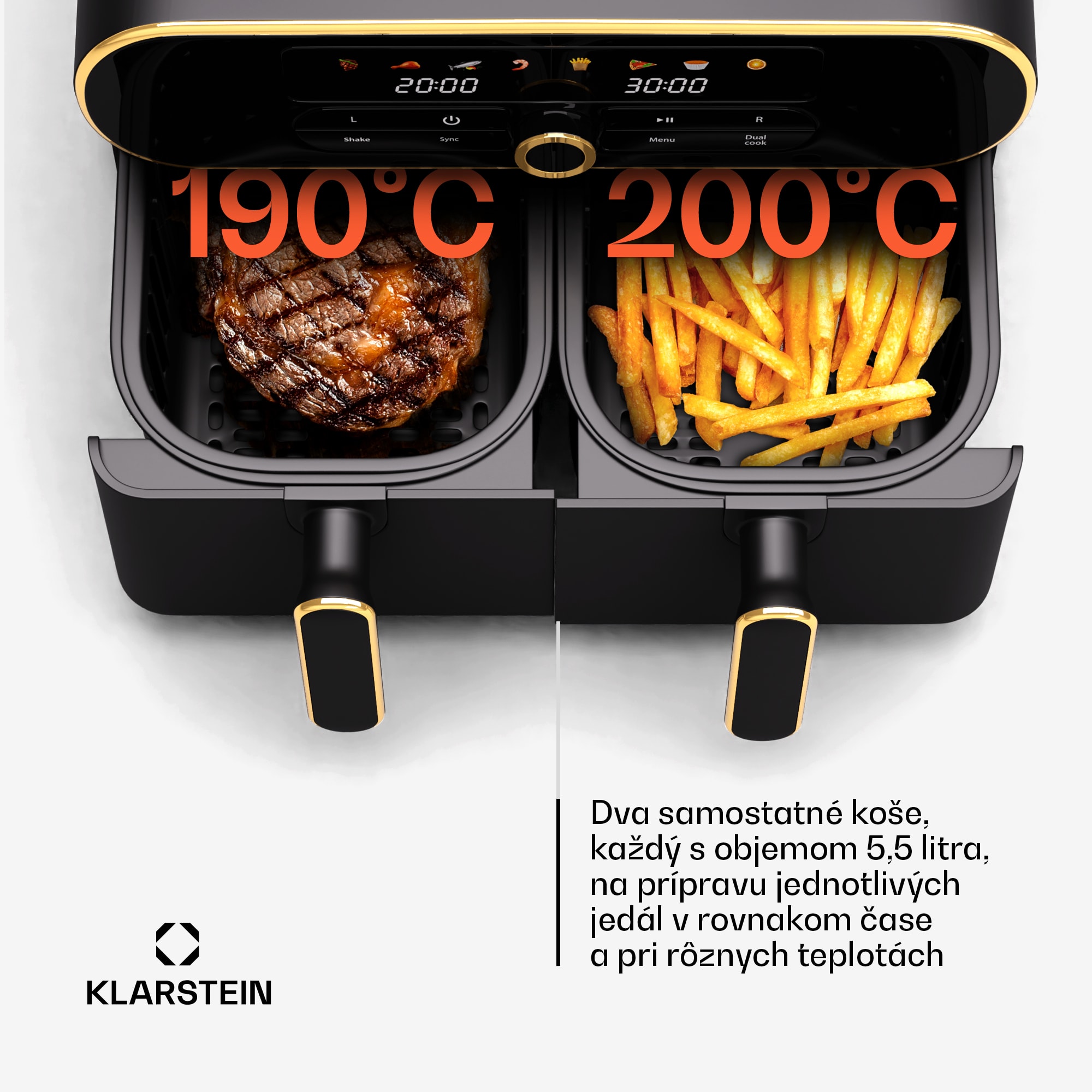 Klarstein AuraAir Color Touch teplovzdušná fritéza, 2 komory, 10 l, 1700 W, 80 - 200 °C, 8 programov – Obrázok 2