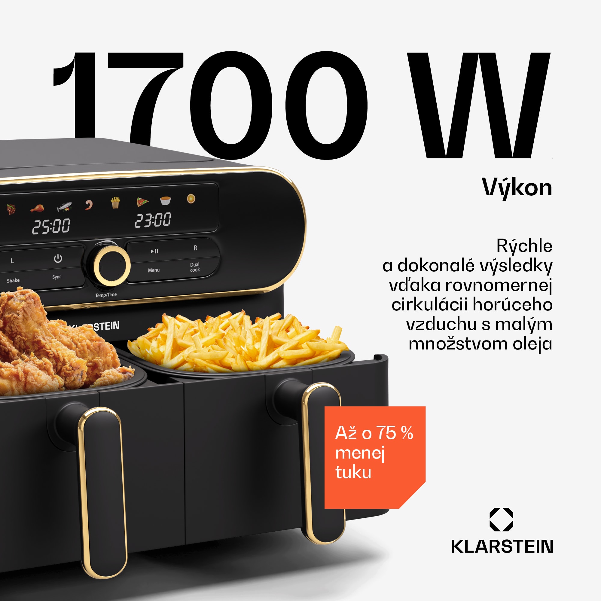 Klarstein AuraAir Color Touch teplovzdušná fritéza, 2 komory, 10 l, 1700 W, 80 - 200 °C, 8 programov – Obrázok 3